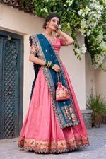 Thumbnail for Lorenvalley Light Pink Jacquard Silk Paithani Zari Weaving Work With Sequins and Thread Embroidery Scallop Lace Border Lehenga Choli with Dupatta