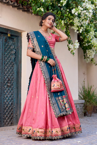 Lorenvalley Light Pink Jacquard Silk Paithani Zari Weaving Work With Sequins and Thread Embroidery Scallop Lace Border Lehenga Choli with Dupatta - Distacart