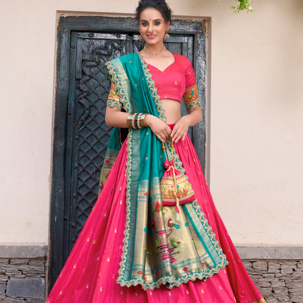 Lorenvalley Pink Jacquard Silk Paithani Zari Weaving Work With Sequins and Thread Embroidery Scallop Lace Border Lehenga Choli with Dupatta - Distacart