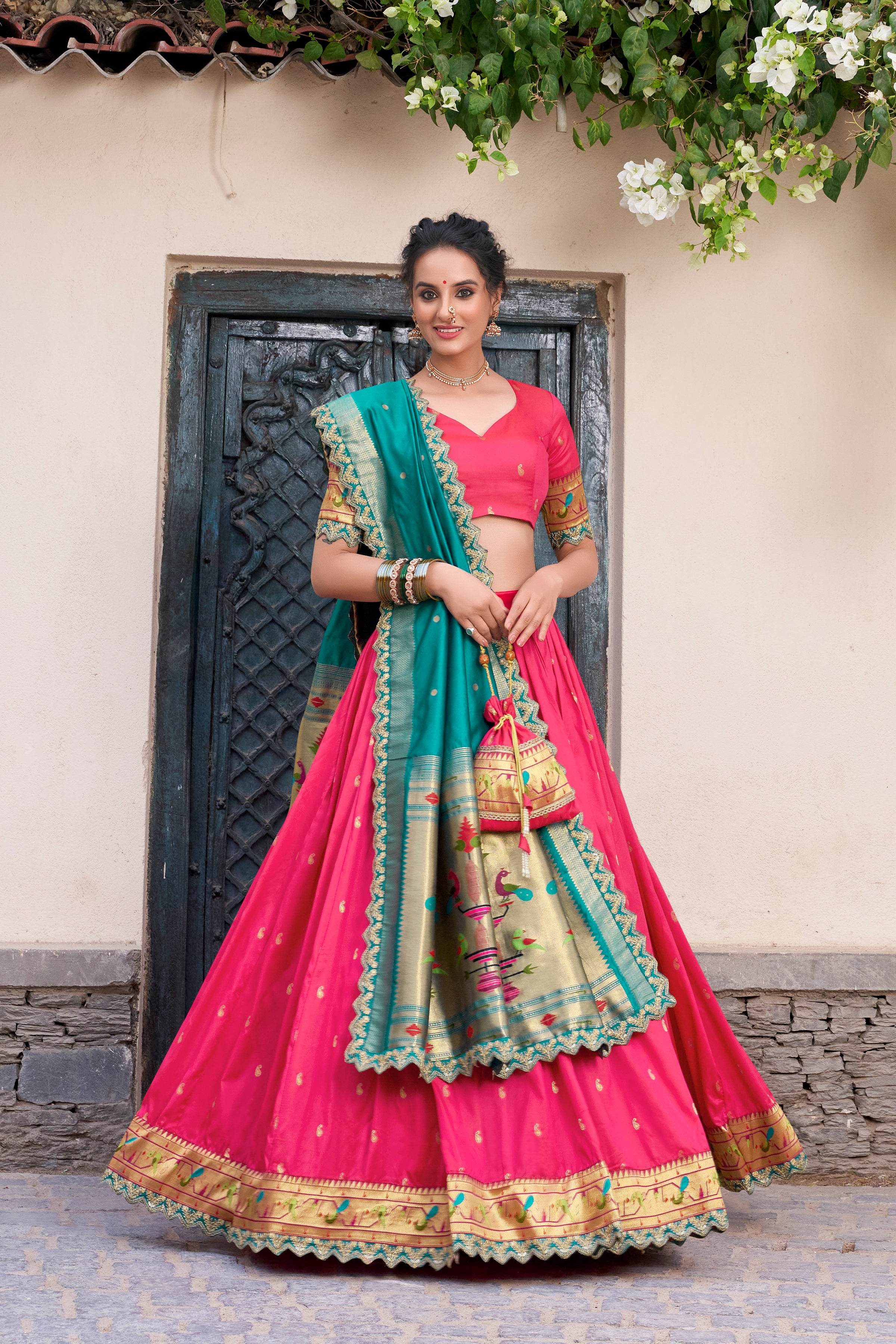 Lorenvalley Pink Jacquard Silk Paithani Zari Weaving Work With Sequins and Thread Embroidery Scallop Lace Border Lehenga Choli with Dupatta - Distacart