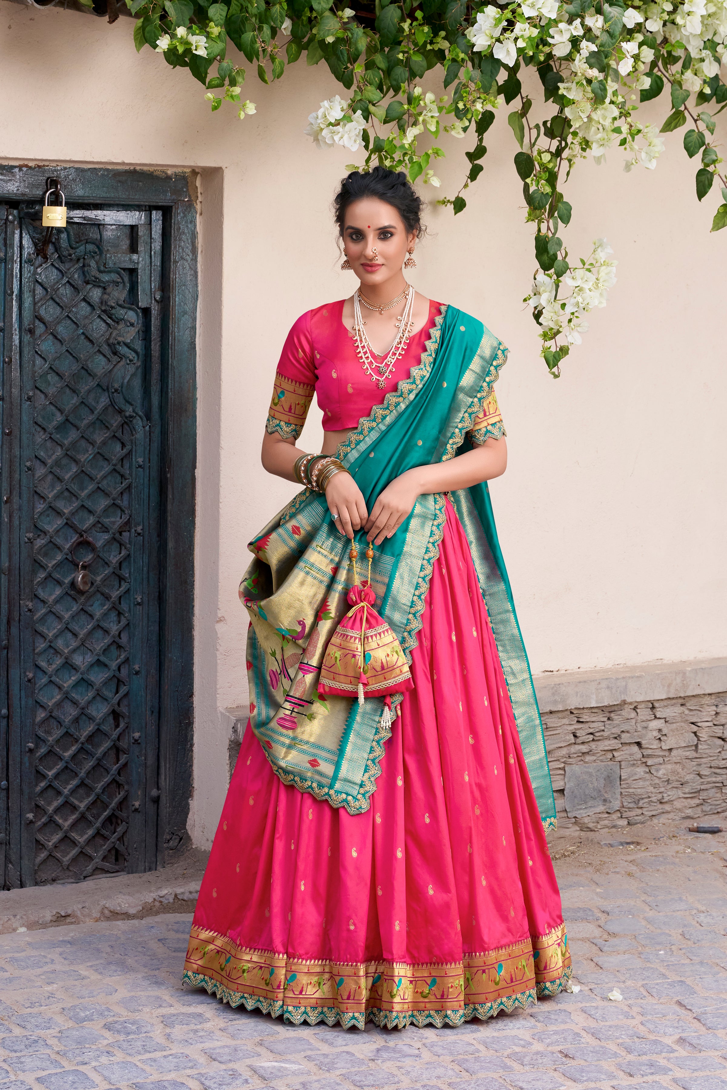 Lorenvalley Pink Jacquard Silk Paithani Zari Weaving Work With Sequins and Thread Embroidery Scallop Lace Border Lehenga Choli with Dupatta - Distacart
