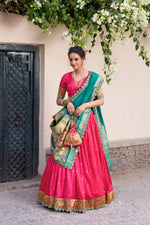 Thumbnail for Lorenvalley Pink Jacquard Silk Paithani Zari Weaving Work With Sequins and Thread Embroidery Scallop Lace Border Lehenga Choli with Dupatta