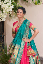 Thumbnail for Lorenvalley Pink Jacquard Silk Paithani Zari Weaving Work With Sequins and Thread Embroidery Scallop Lace Border Lehenga Choli with Dupatta