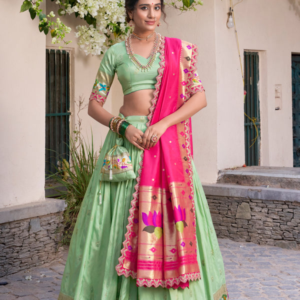 Lorenvalley Pista Jacquard Silk Paithani Zari Weaving Work With Sequins and Thread Embroidery Scallop Lace Border Lehenga Choli with Dupatta - Distacart