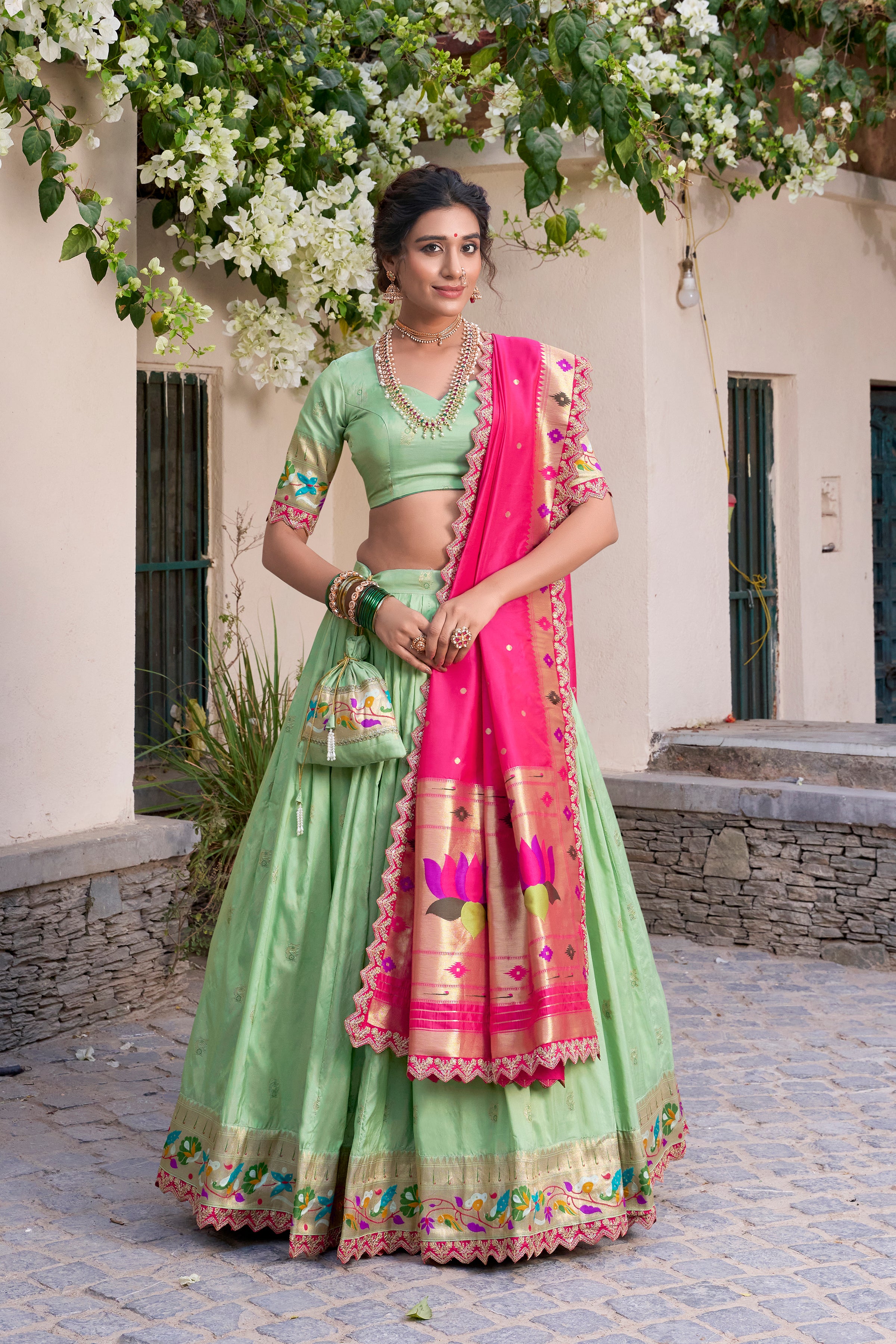 Lorenvalley Pista Jacquard Silk Paithani Zari Weaving Work With Sequins and Thread Embroidery Scallop Lace Border Lehenga Choli with Dupatta - Distacart