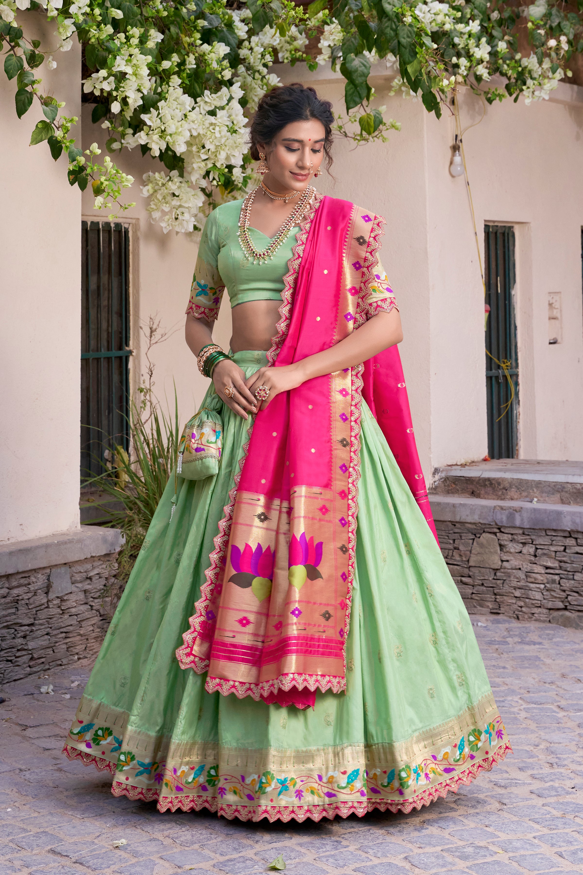 Lorenvalley Pista Jacquard Silk Paithani Zari Weaving Work With Sequins and Thread Embroidery Scallop Lace Border Lehenga Choli with Dupatta - Distacart