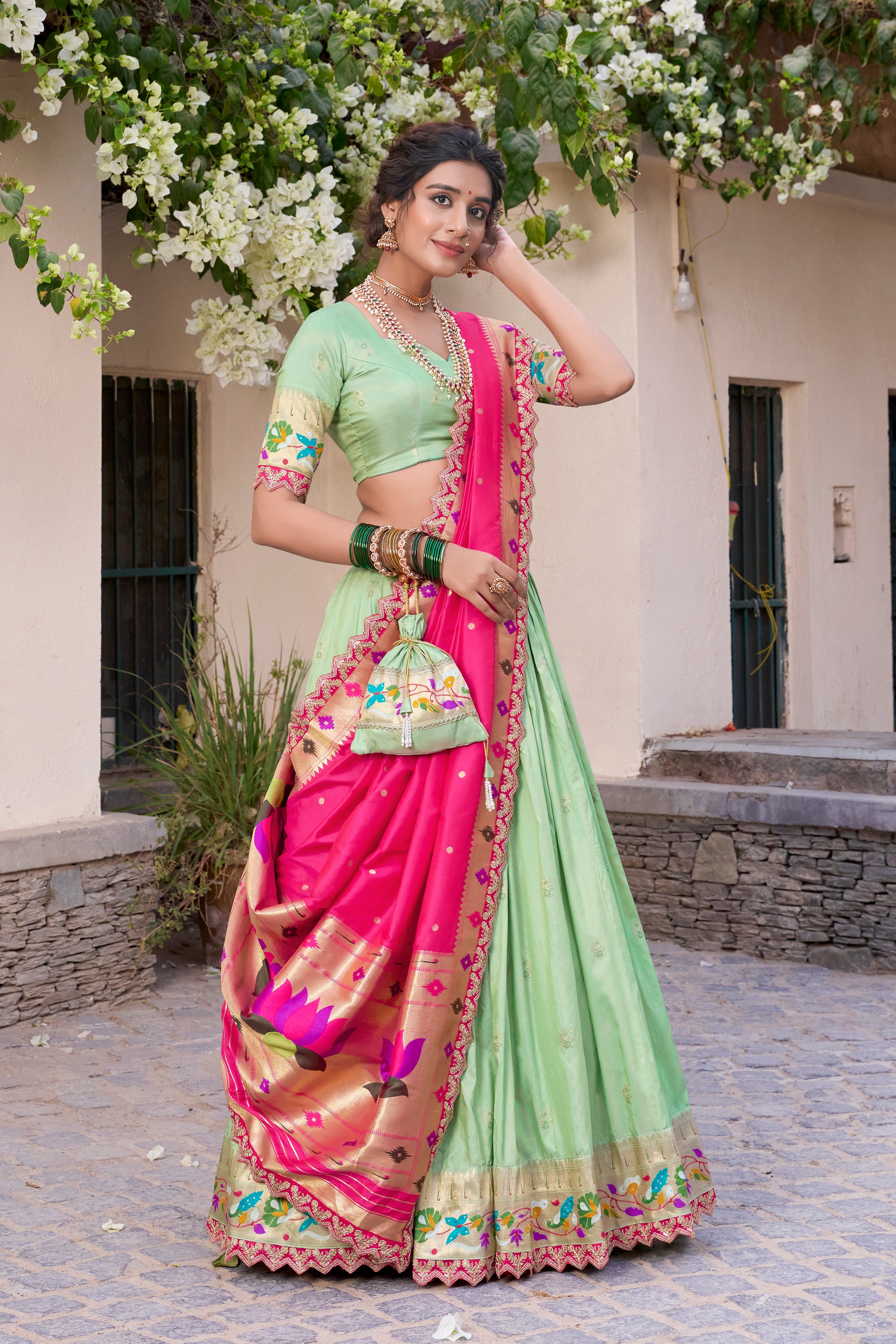 Lorenvalley Pista Jacquard Silk Paithani Zari Weaving Work With Sequins and Thread Embroidery Scallop Lace Border Lehenga Choli with Dupatta