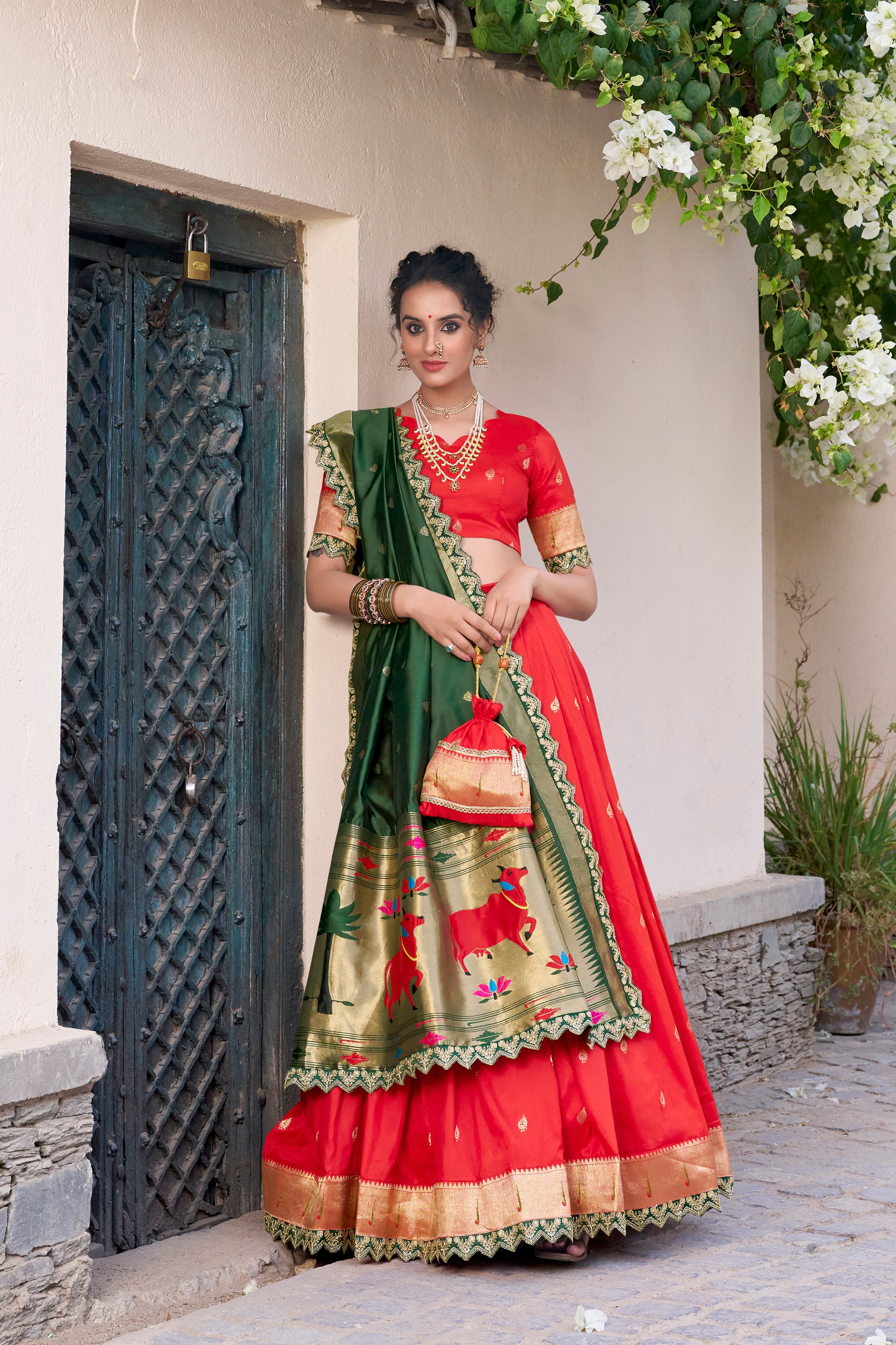 Lorenvalley Red Jacquard Silk Paithani Zari Weaving Work With Sequins and Thread Embroidery Scallop Lace Border Lehenga Choli with Dupatta - Distacart
