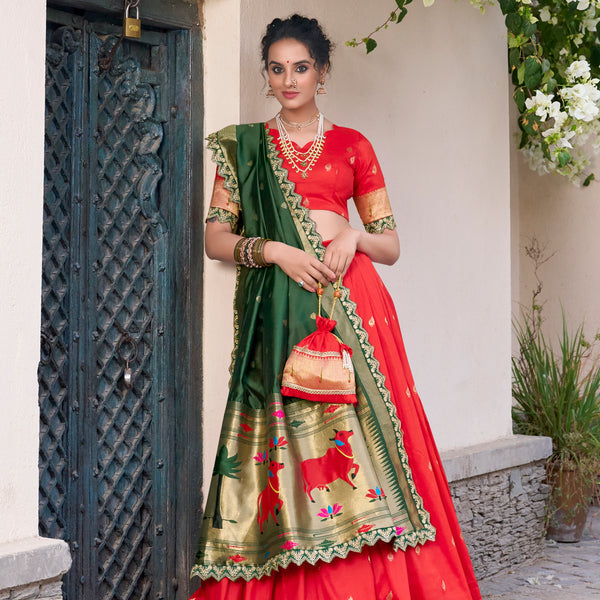 Lorenvalley Red Jacquard Silk Paithani Zari Weaving Work With Sequins and Thread Embroidery Scallop Lace Border Lehenga Choli with Dupatta - Distacart