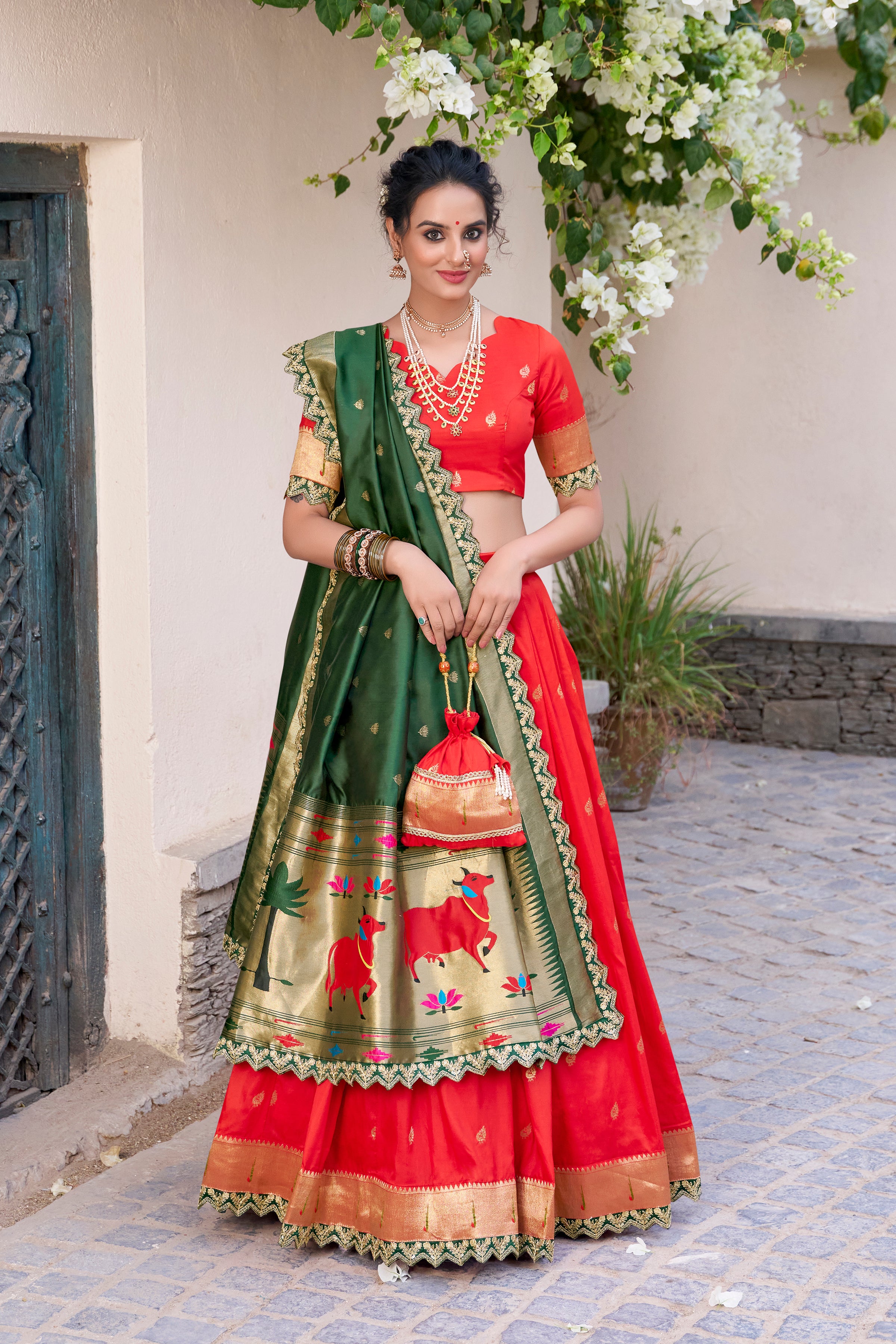 Lorenvalley Red Jacquard Silk Paithani Zari Weaving Work With Sequins and Thread Embroidery Scallop Lace Border Lehenga Choli with Dupatta - Distacart
