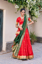 Thumbnail for Lorenvalley Red Jacquard Silk Paithani Zari Weaving Work With Sequins and Thread Embroidery Scallop Lace Border Lehenga Choli with Dupatta