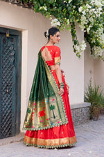 Thumbnail for Lorenvalley Red Jacquard Silk Paithani Zari Weaving Work With Sequins and Thread Embroidery Scallop Lace Border Lehenga Choli with Dupatta
