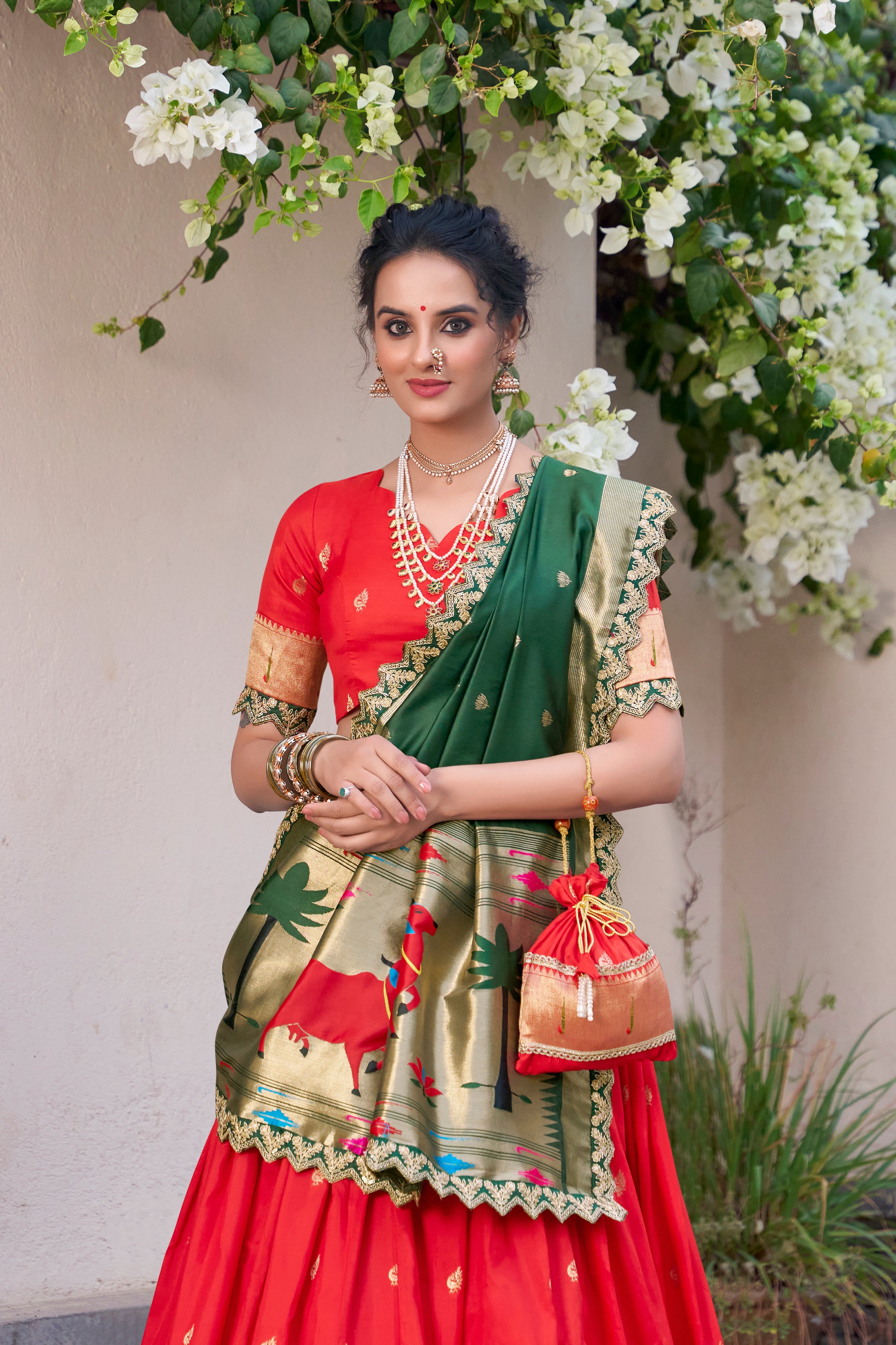 Lorenvalley Red Jacquard Silk Paithani Zari Weaving Work With Sequins and Thread Embroidery Scallop Lace Border Lehenga Choli with Dupatta