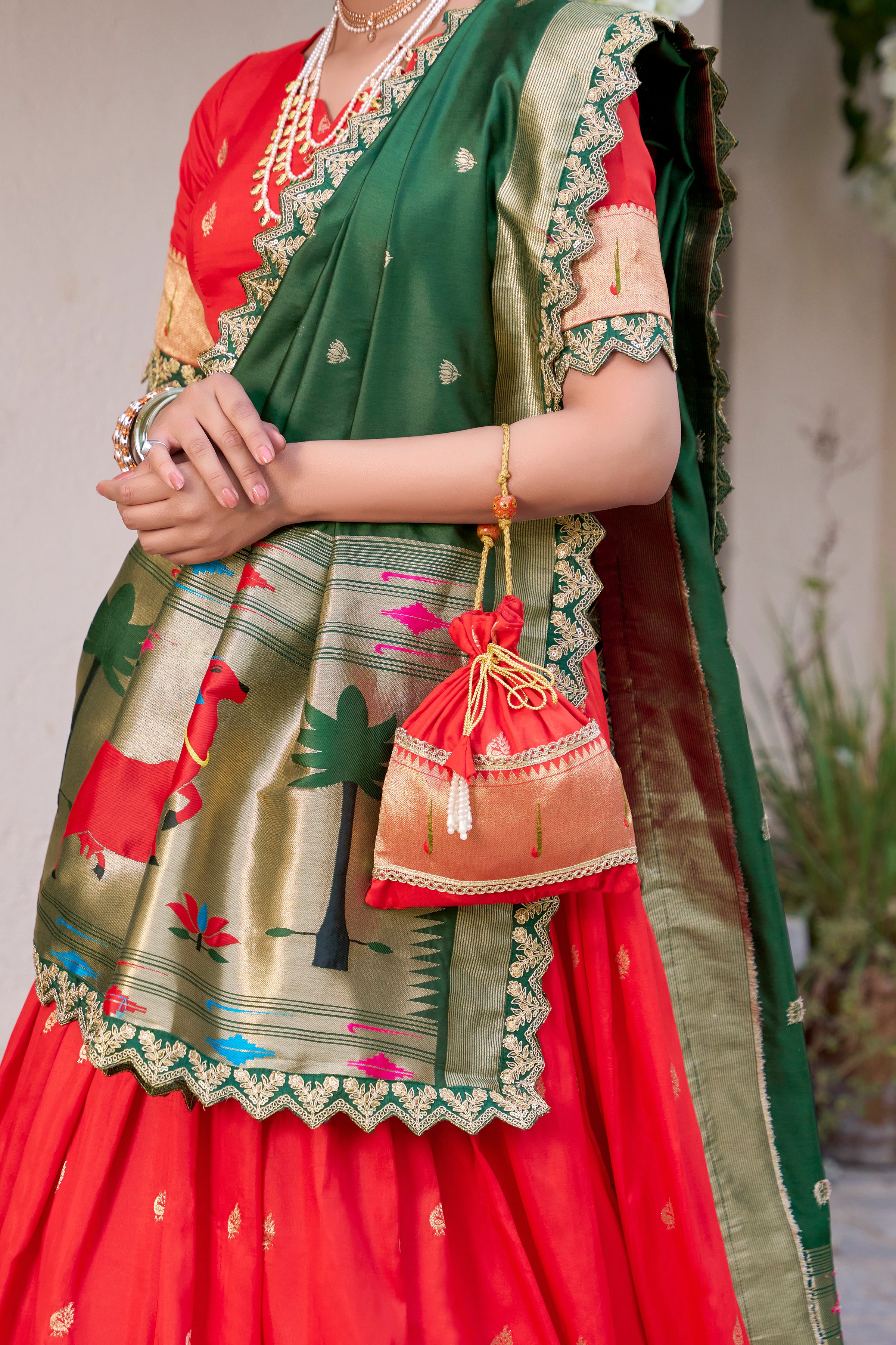 Lorenvalley Red Jacquard Silk Paithani Zari Weaving Work With Sequins and Thread Embroidery Scallop Lace Border Lehenga Choli with Dupatta