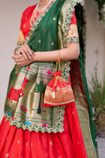 Thumbnail for Lorenvalley Red Jacquard Silk Paithani Zari Weaving Work With Sequins and Thread Embroidery Scallop Lace Border Lehenga Choli with Dupatta