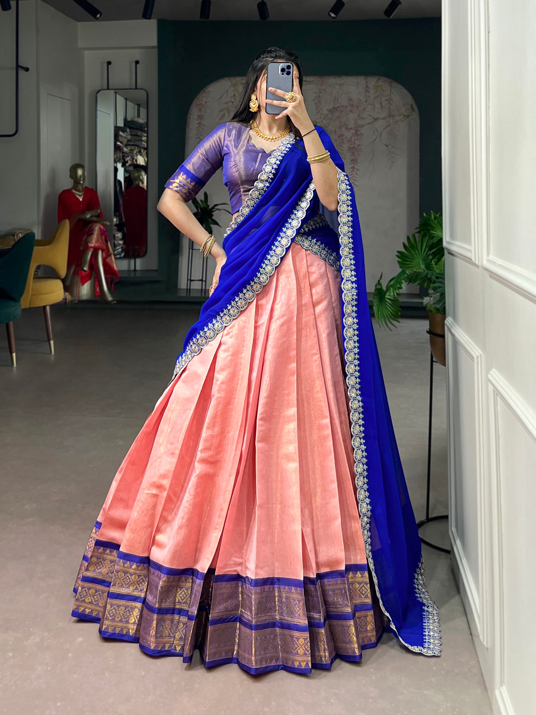 Lorenvalley Fashion Peach Kanchipuram Zari Weaving Work Lehenga Choli with Dupatta - Dista
