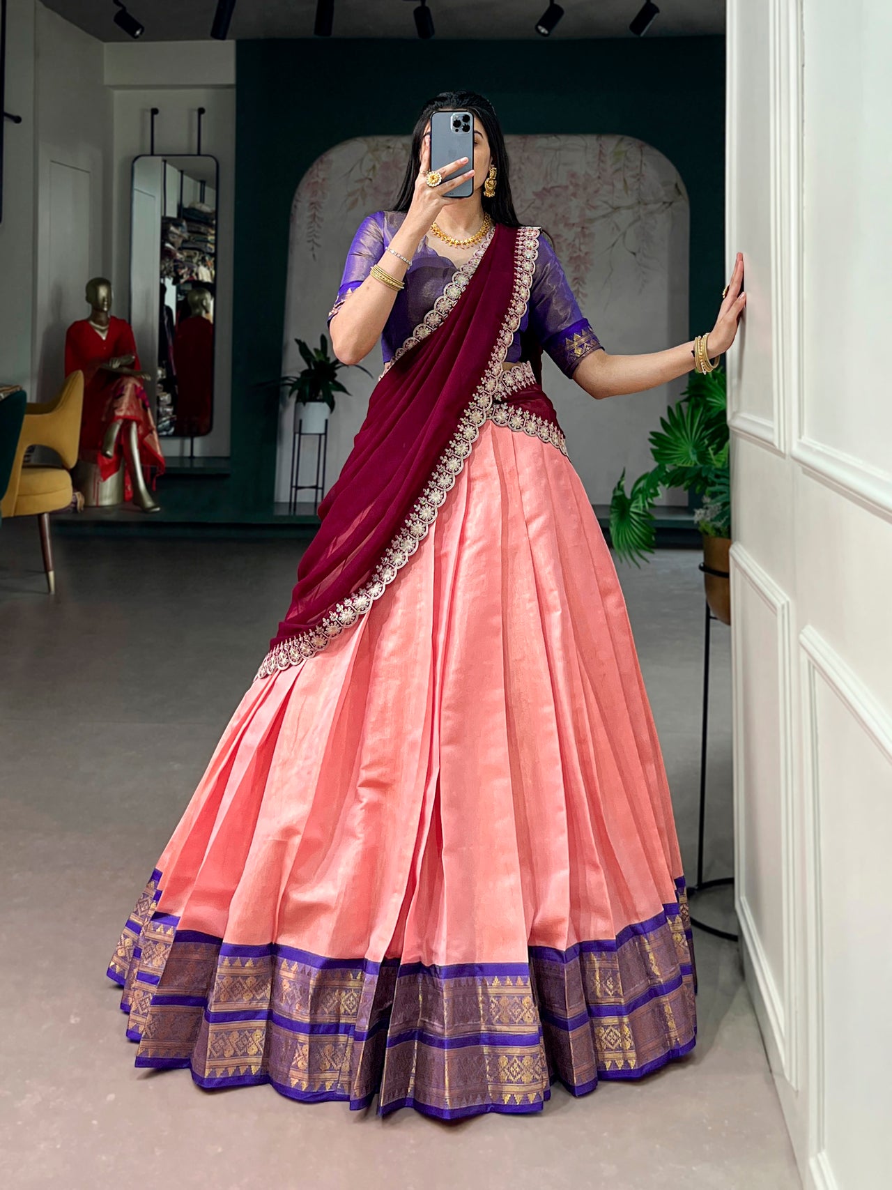 Lorenvalley Fashion Peach Kanchipuram Zari Weaving Work Lehenga Choli with Dupatta - Dista