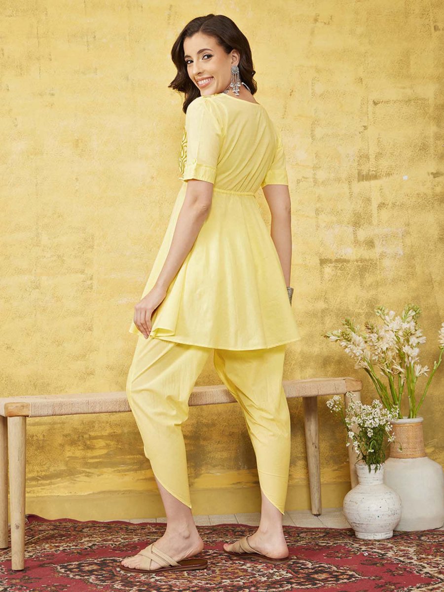 ADA Women Yellow & Green Chikankari Embroidered Empire Sustainable Handloom Kurta with Dhoti Pants - Distacart