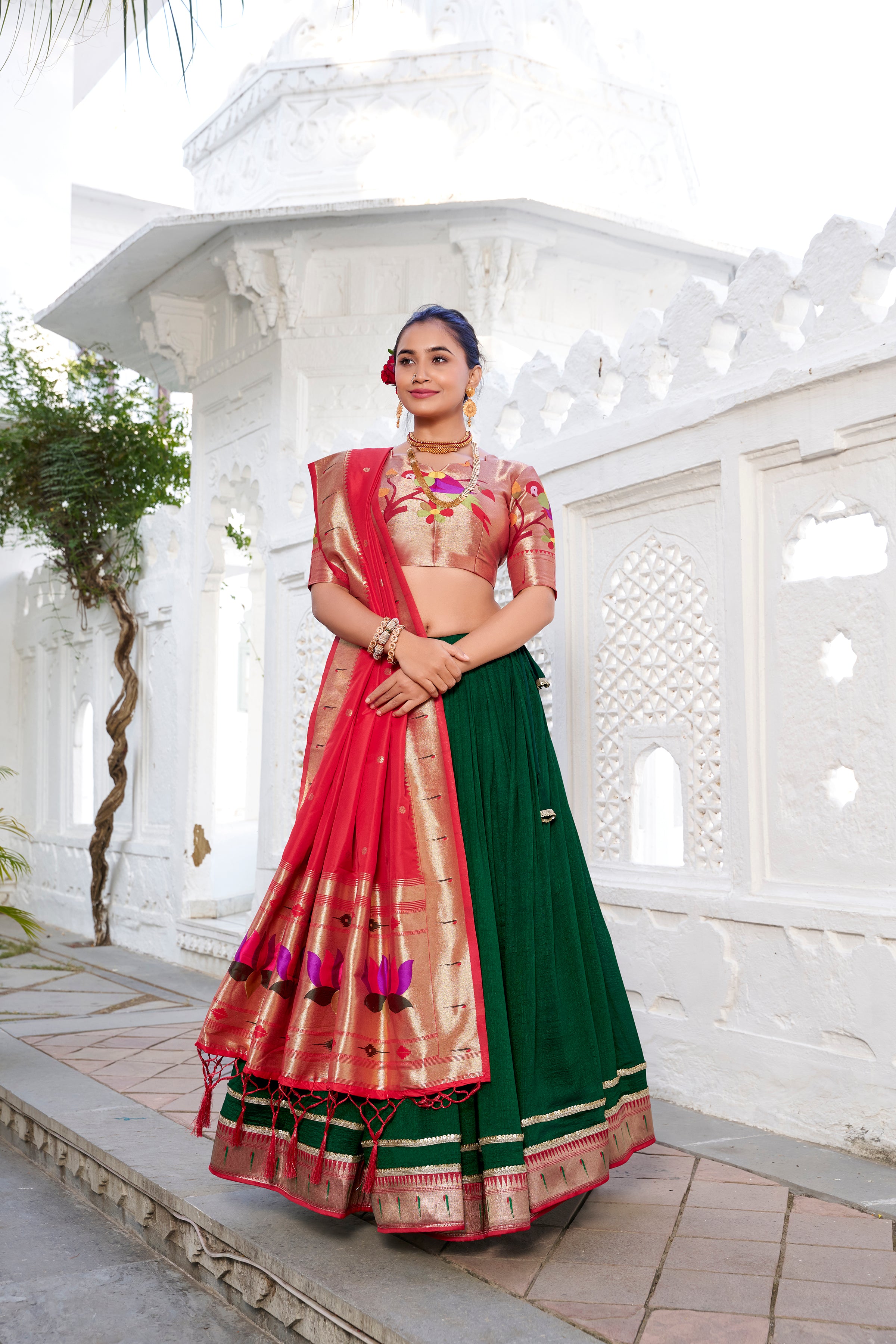 Lorenvalley Green Vichitra Silk Plain with Paithani lace border Lehenga Choli - Distacart