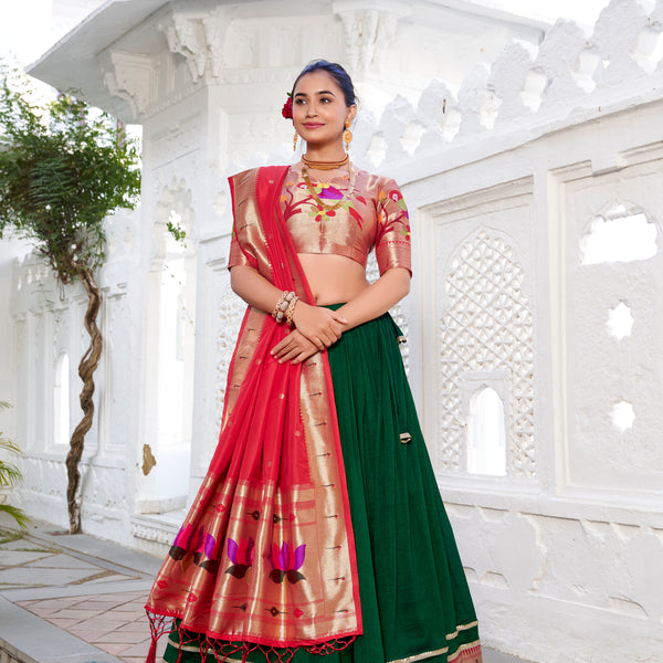 Lorenvalley Green Vichitra Silk Plain with Paithani lace border Lehenga Choli - Distacart