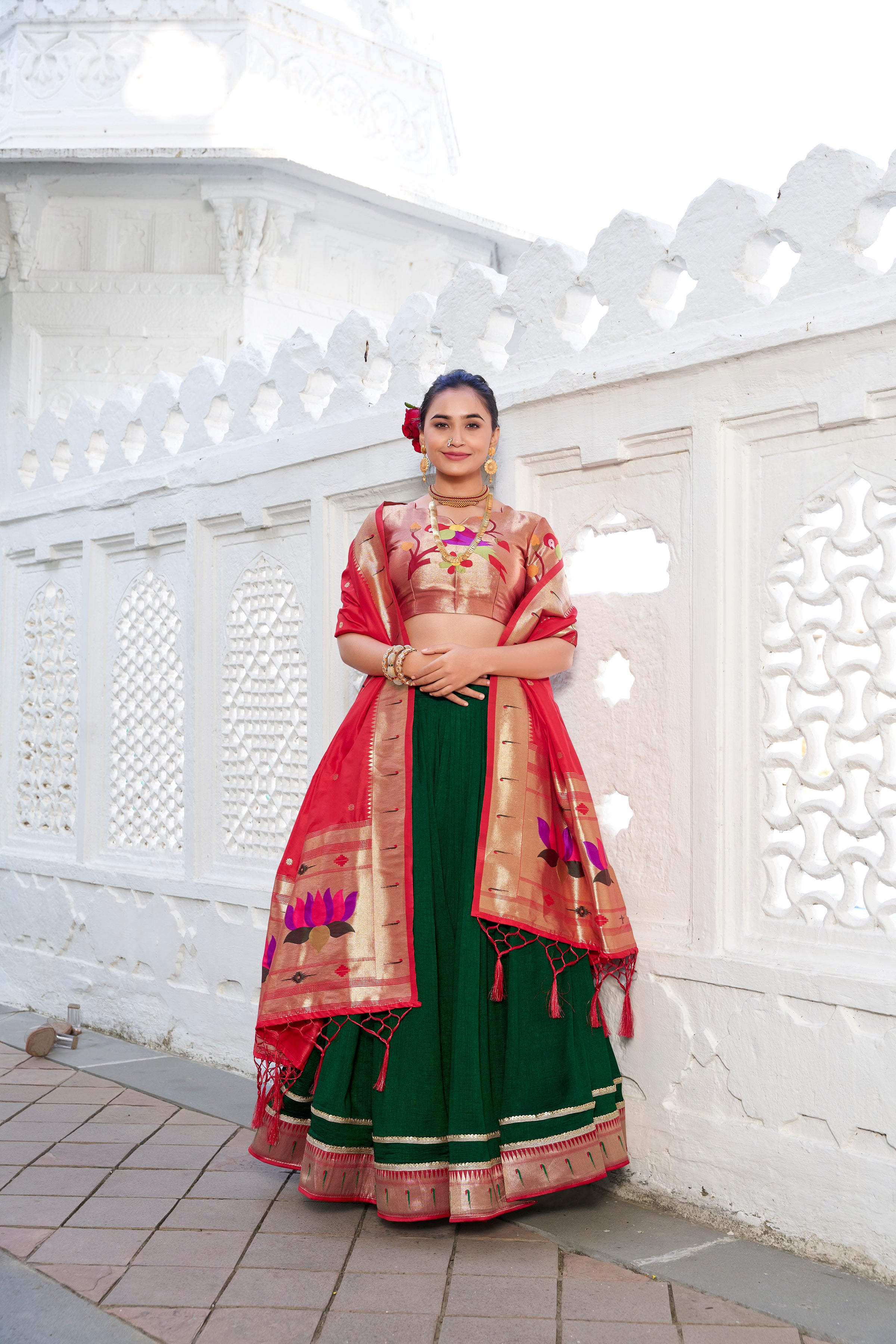 Lorenvalley Green Vichitra Silk Plain with Paithani lace border Lehenga Choli - Distacart