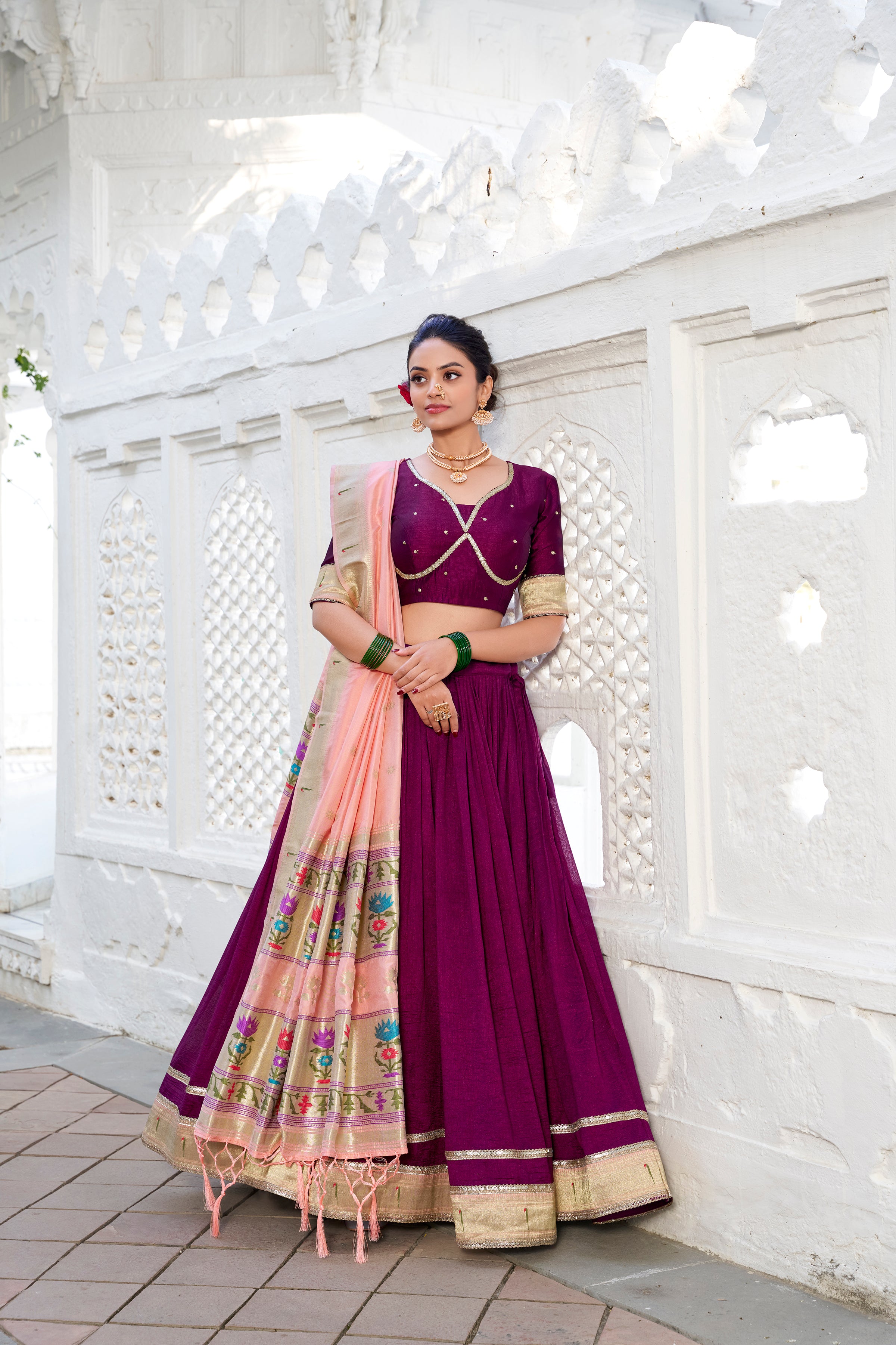 Lorenvalley Green Vichitra Silk Plain with Paithani lace border Lehenga Choli - Distacart