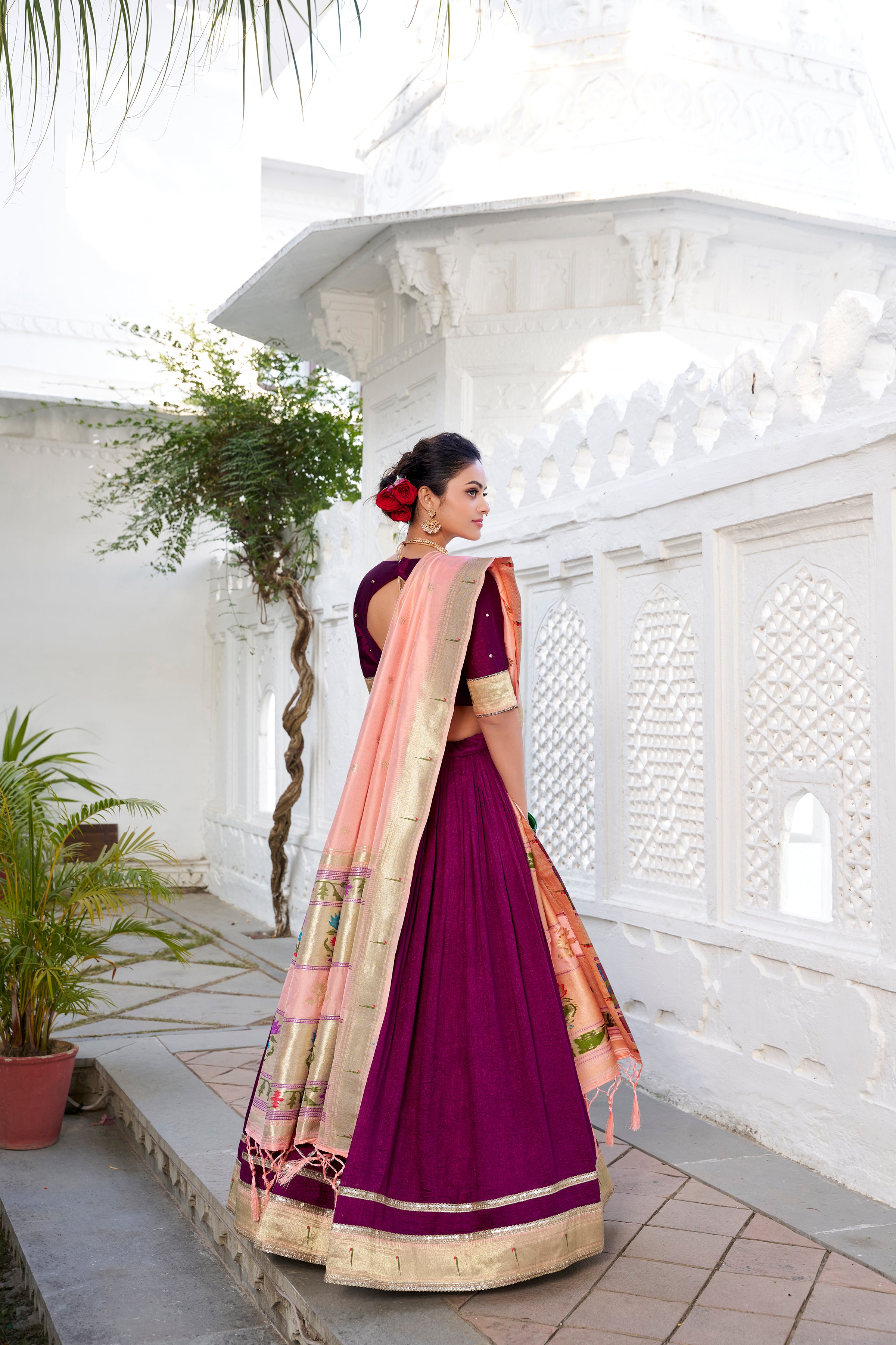 Lorenvalley Green Vichitra Silk Plain with Paithani lace border Lehenga Choli - Distacart