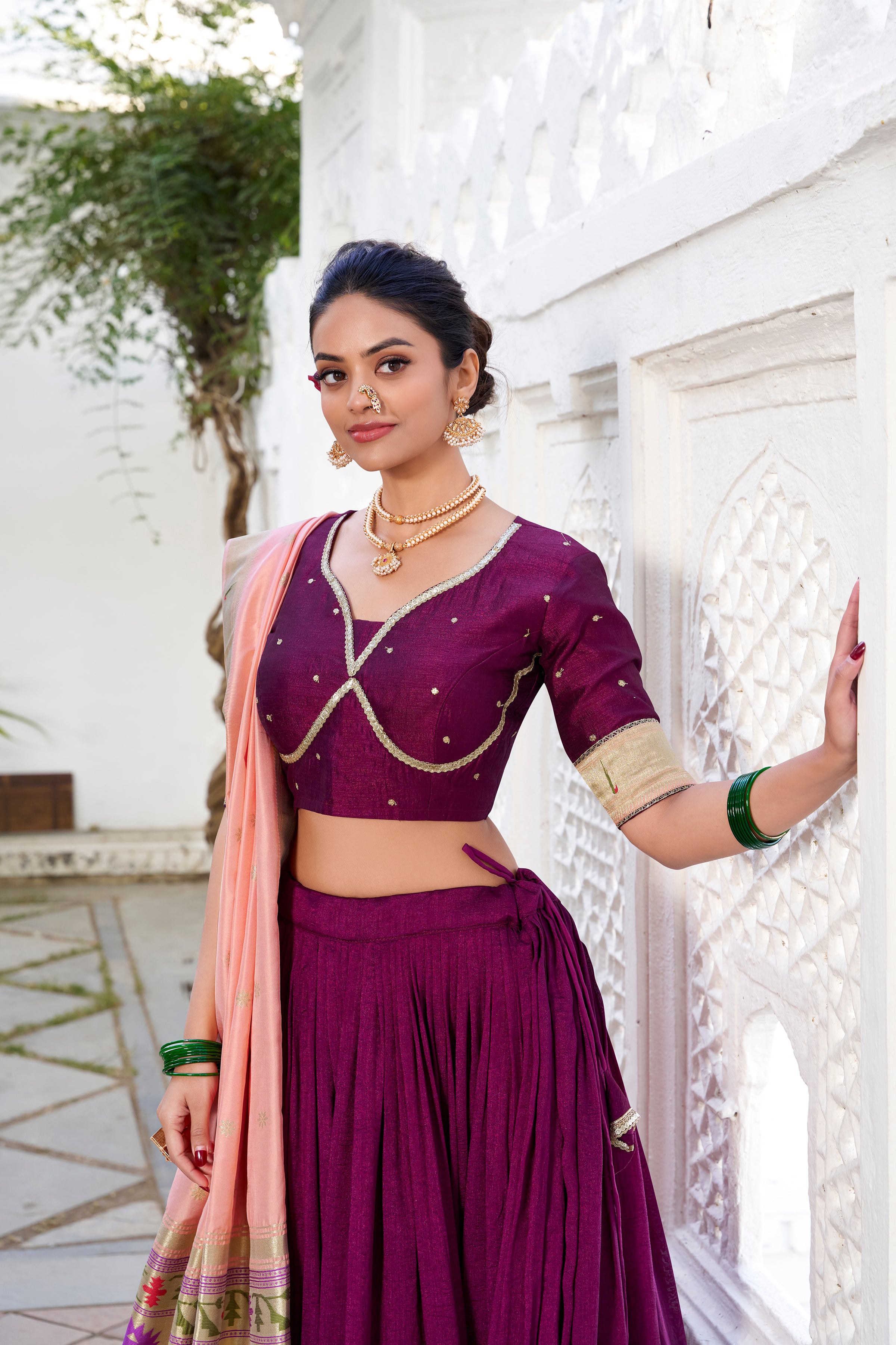 Lorenvalley Green Vichitra Silk Plain with Paithani lace border Lehenga Choli - Distacart