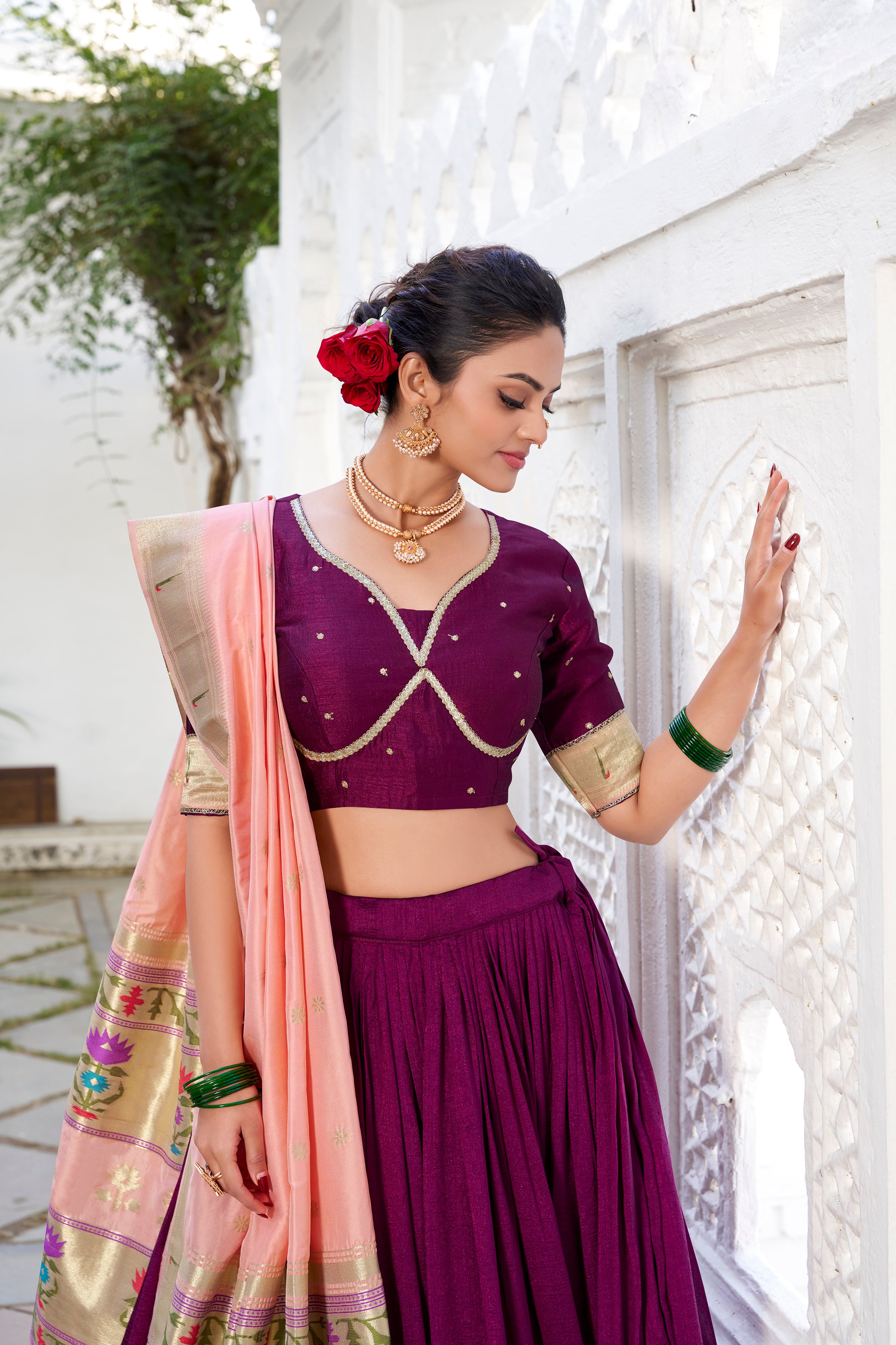 Lorenvalley Green Vichitra Silk Plain with Paithani lace border Lehenga Choli - Distacart