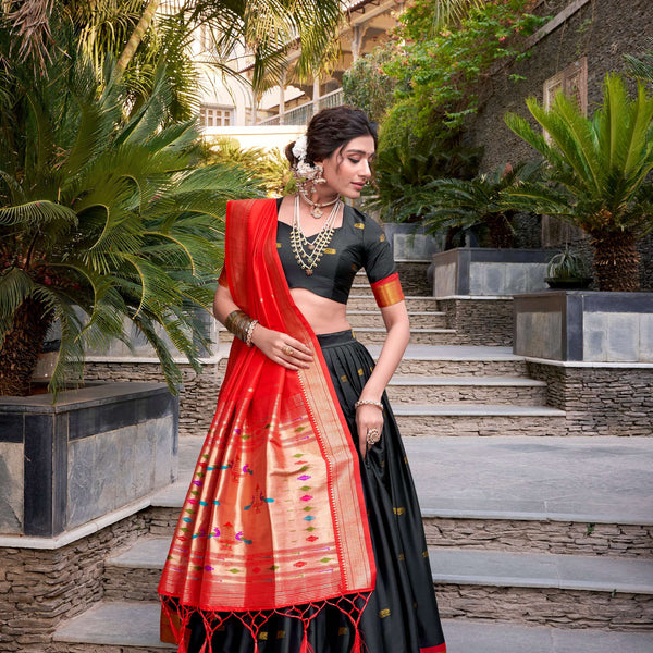 Lorenvalley Black Jacquard Silk Paithani Zari Weaving Work Lehenga Choli with Dupatta - Distacart
