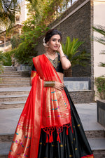 Thumbnail for Lorenvalley Black Jacquard Silk Paithani Zari Weaving Work Lehenga Choli with Dupatta
