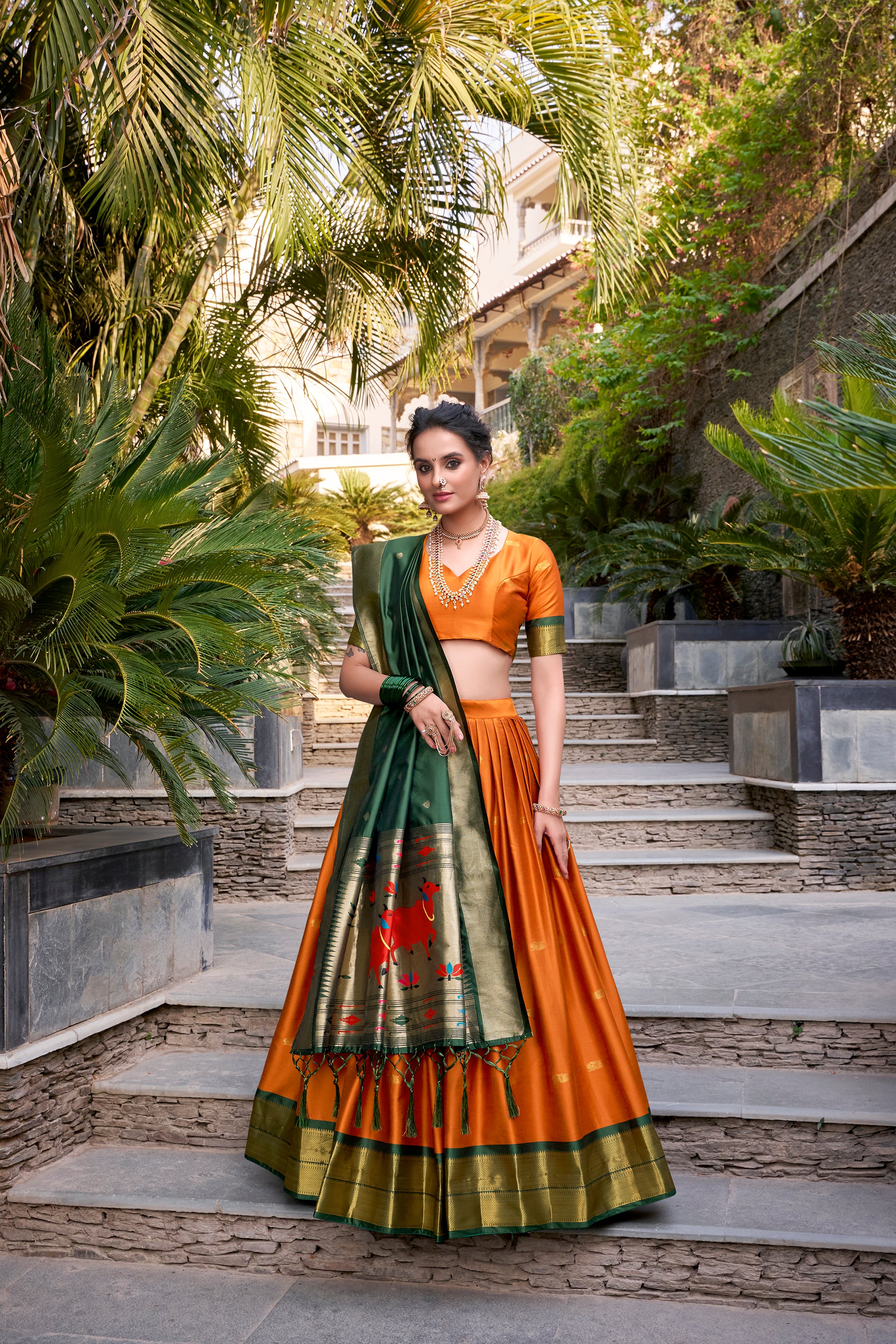 Lorenvalley Orange Jacquard Silk Paithani Zari Weaving Work Lehenga Choli with Dupatta - Distacart