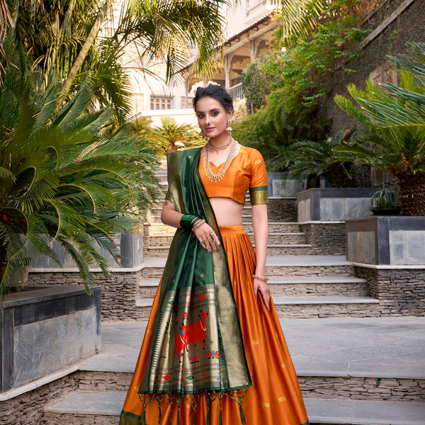 Lorenvalley Orange Jacquard Silk Paithani Zari Weaving Work Lehenga Choli with Dupatta - Distacart