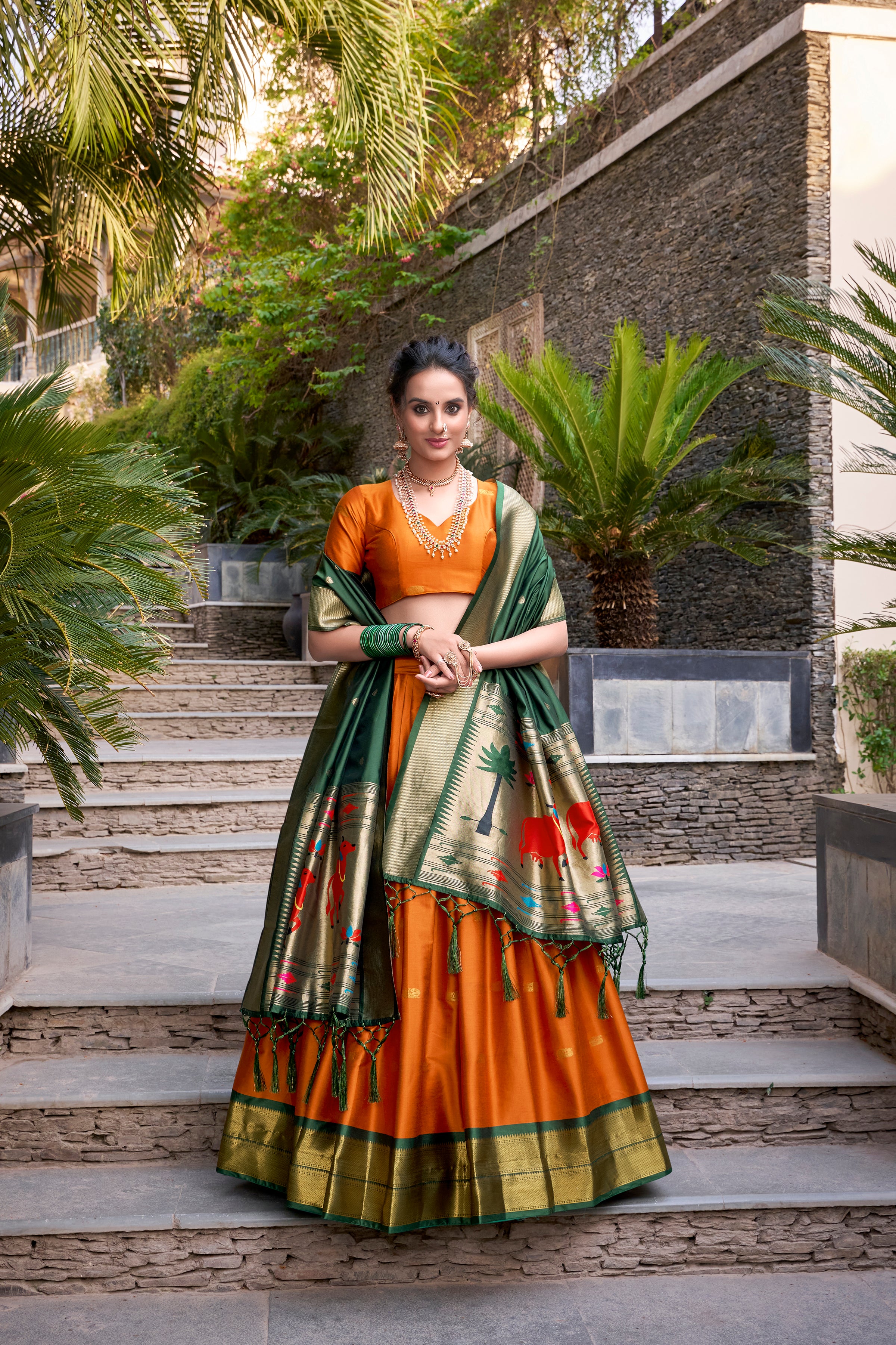 Lorenvalley Orange Jacquard Silk Paithani Zari Weaving Work Lehenga Choli with Dupatta - Distacart