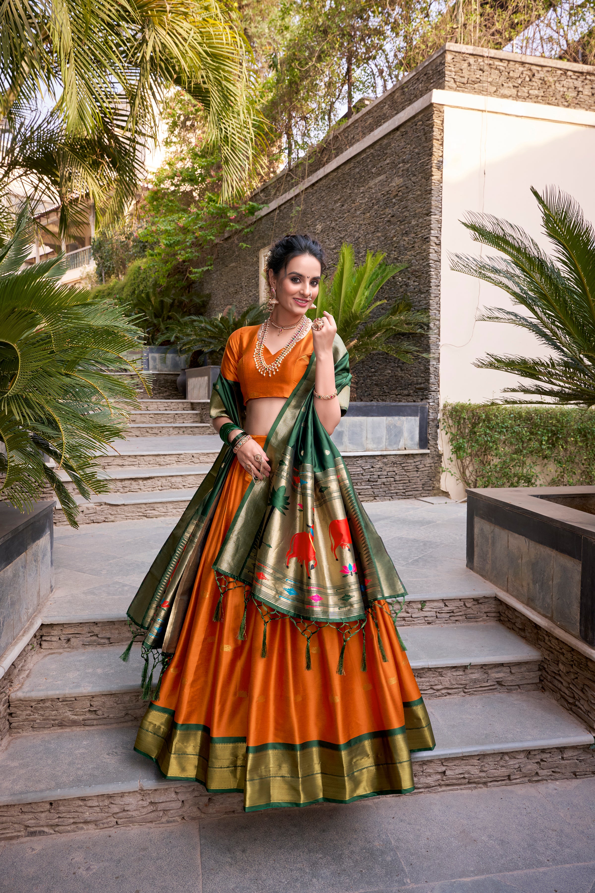 Lorenvalley Orange Jacquard Silk Paithani Zari Weaving Work Lehenga Choli with Dupatta