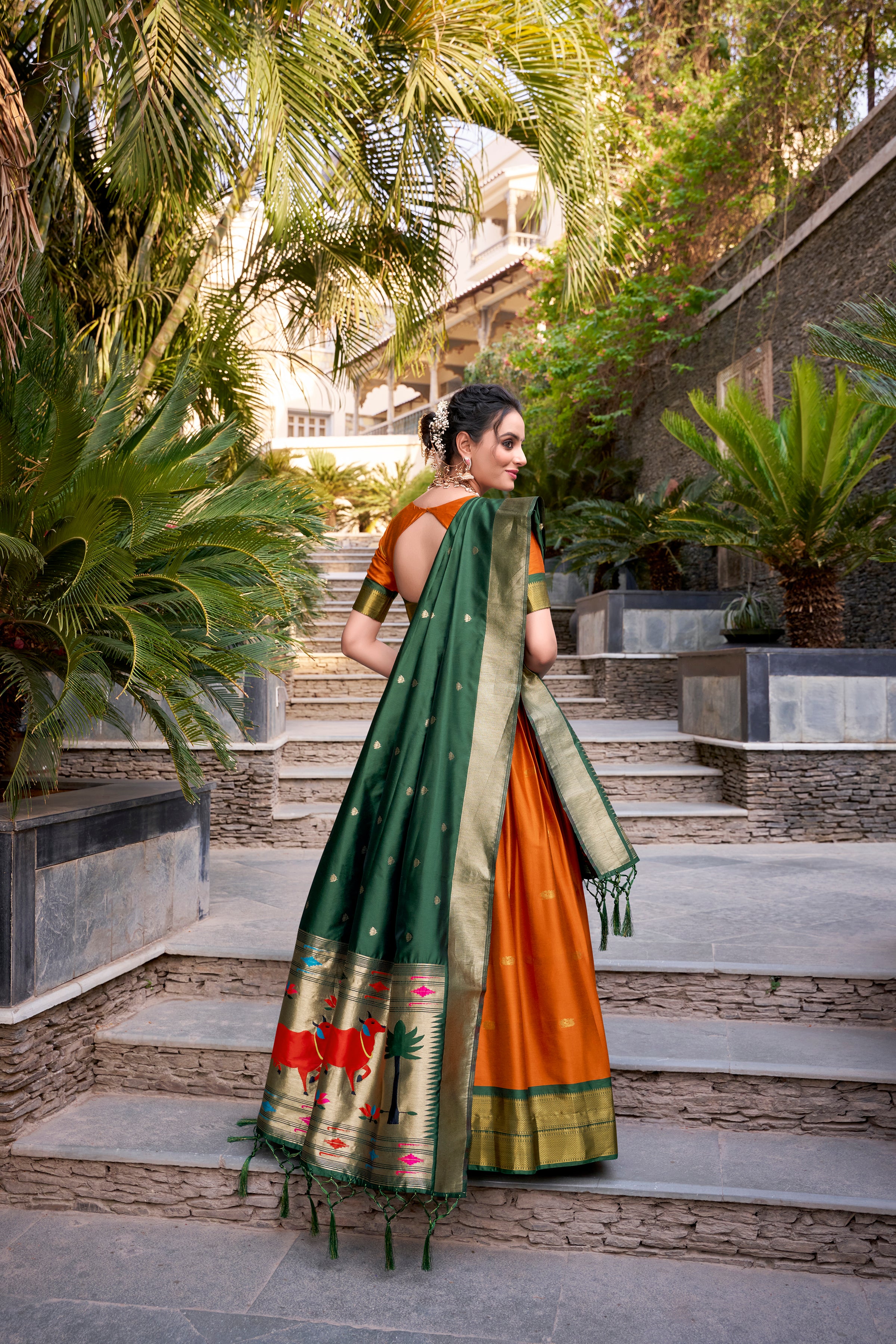 Lorenvalley Orange Jacquard Silk Paithani Zari Weaving Work Lehenga Choli with Dupatta