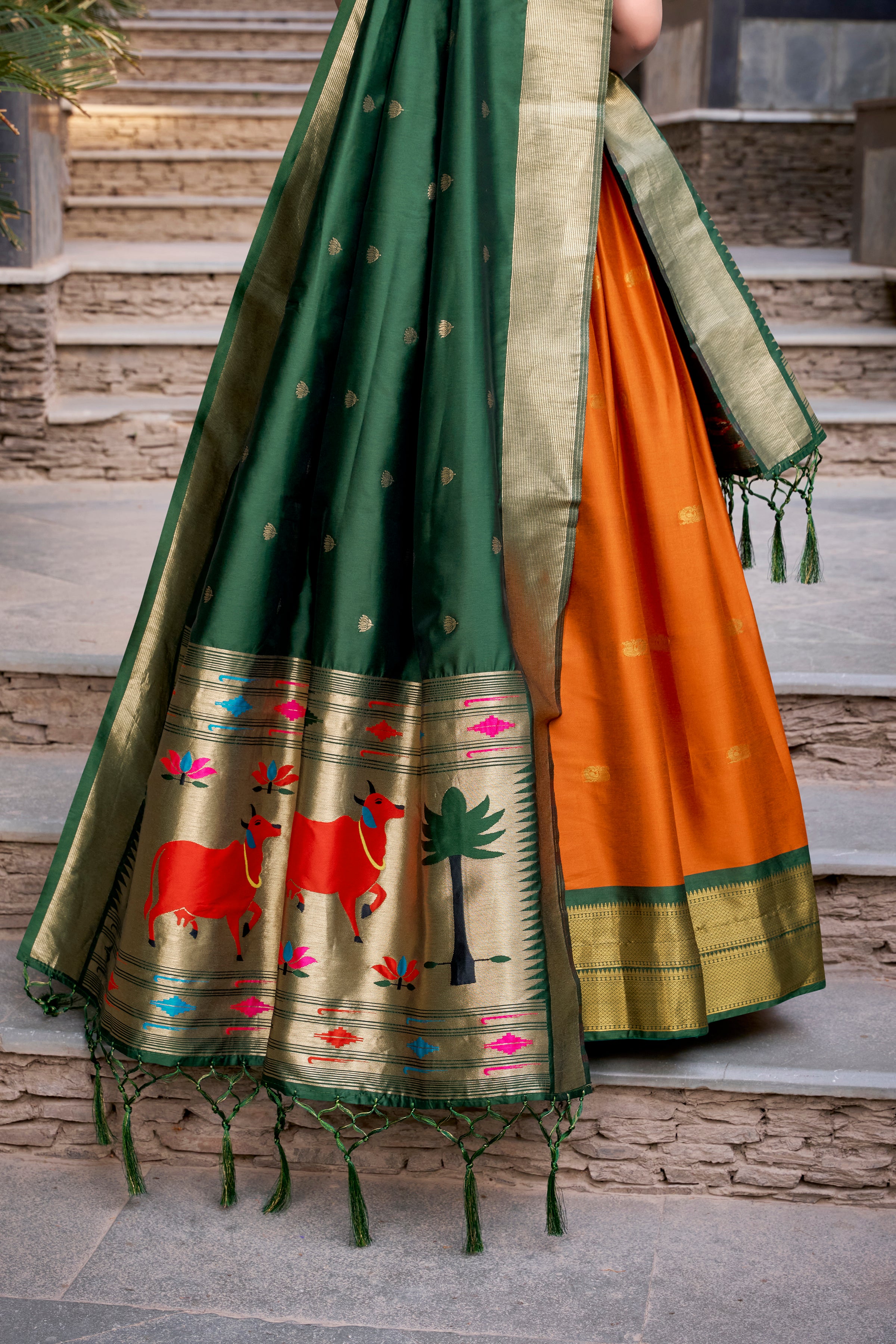 Lorenvalley Orange Jacquard Silk Paithani Zari Weaving Work Lehenga Choli with Dupatta