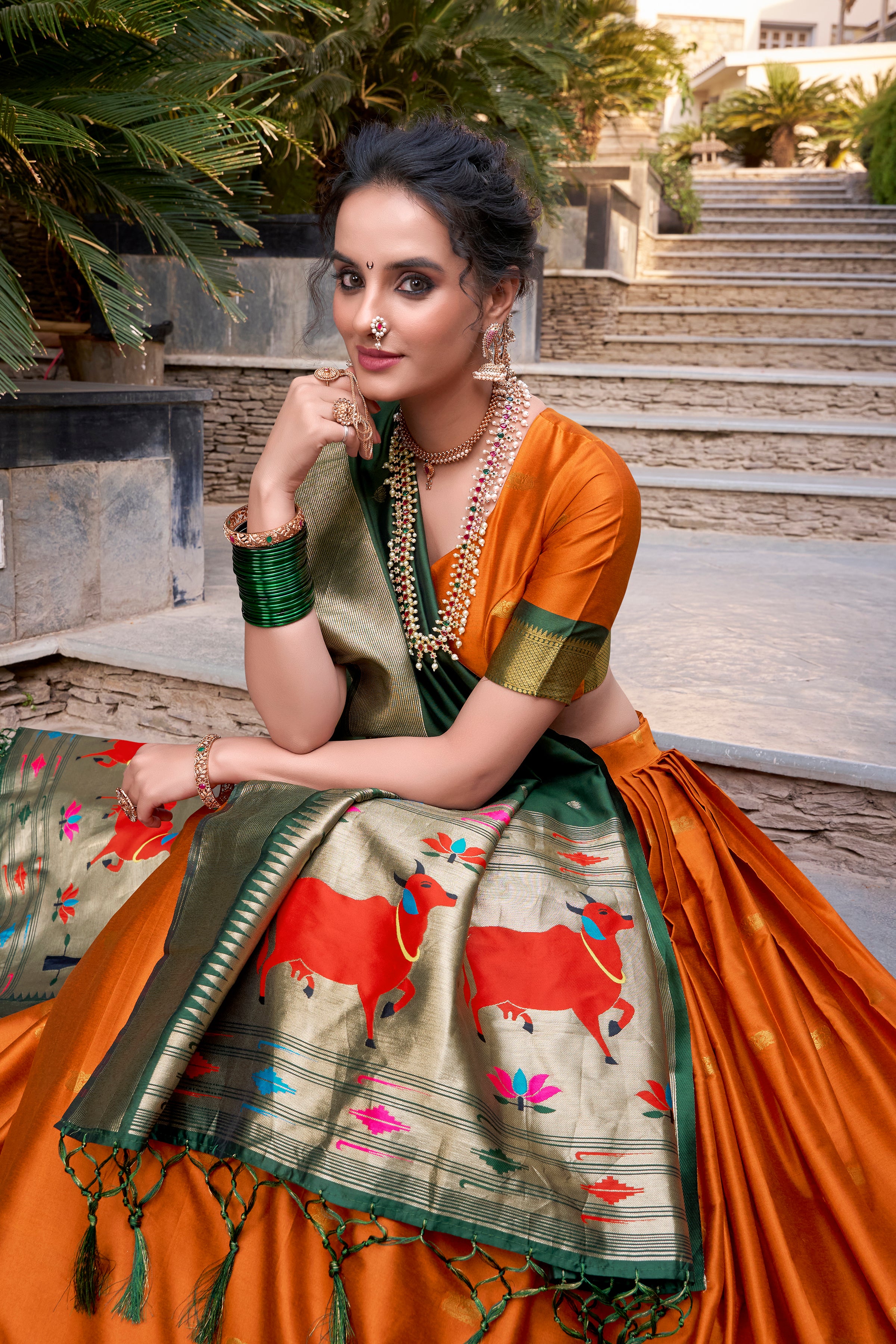Lorenvalley Orange Jacquard Silk Paithani Zari Weaving Work Lehenga Choli with Dupatta