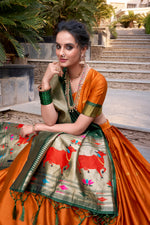 Thumbnail for Lorenvalley Orange Jacquard Silk Paithani Zari Weaving Work Lehenga Choli with Dupatta