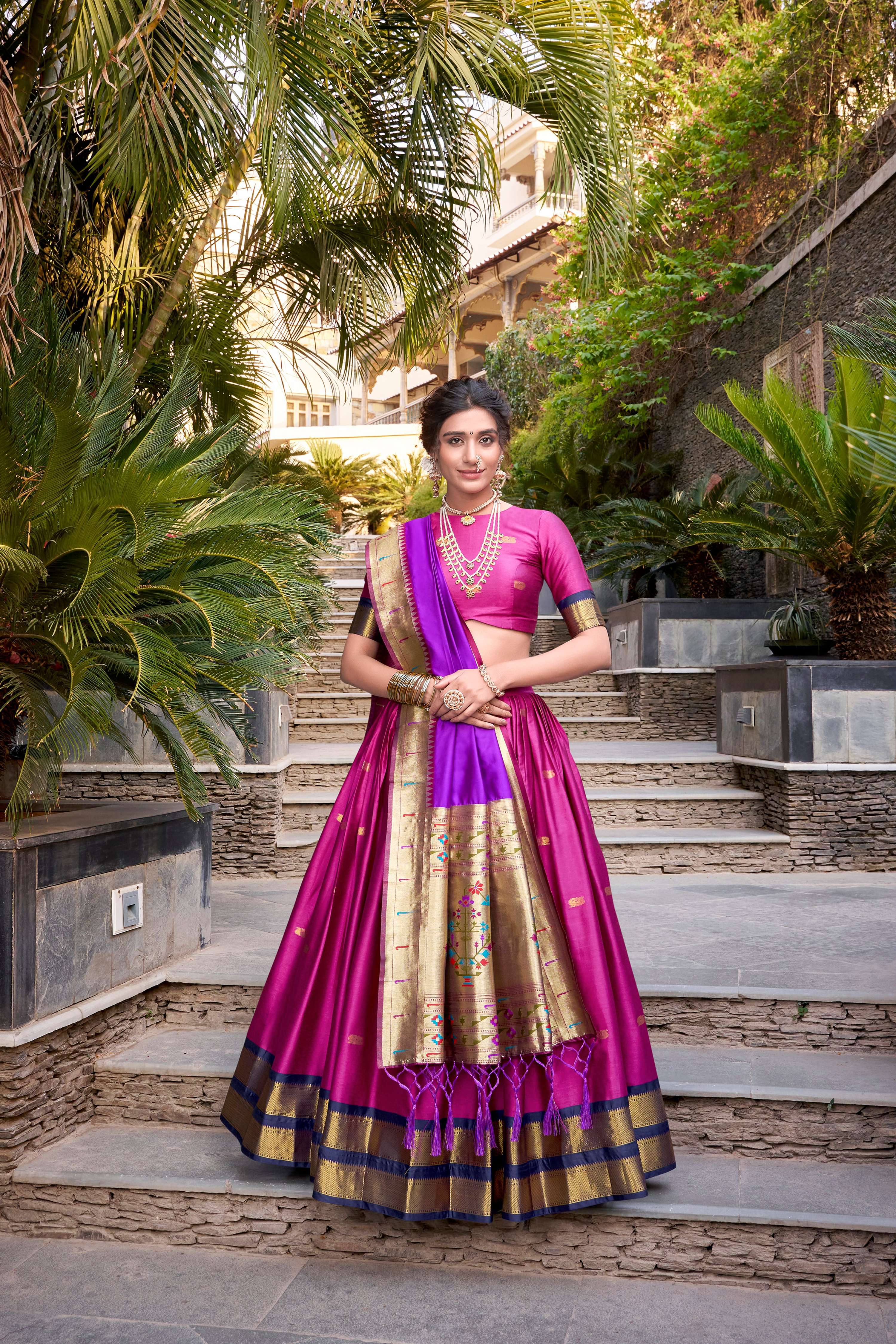 Lorenvalley Pink Jacquard Silk Paithani Zari Weaving Work Lehenga Choli with Dupatta - Distacart