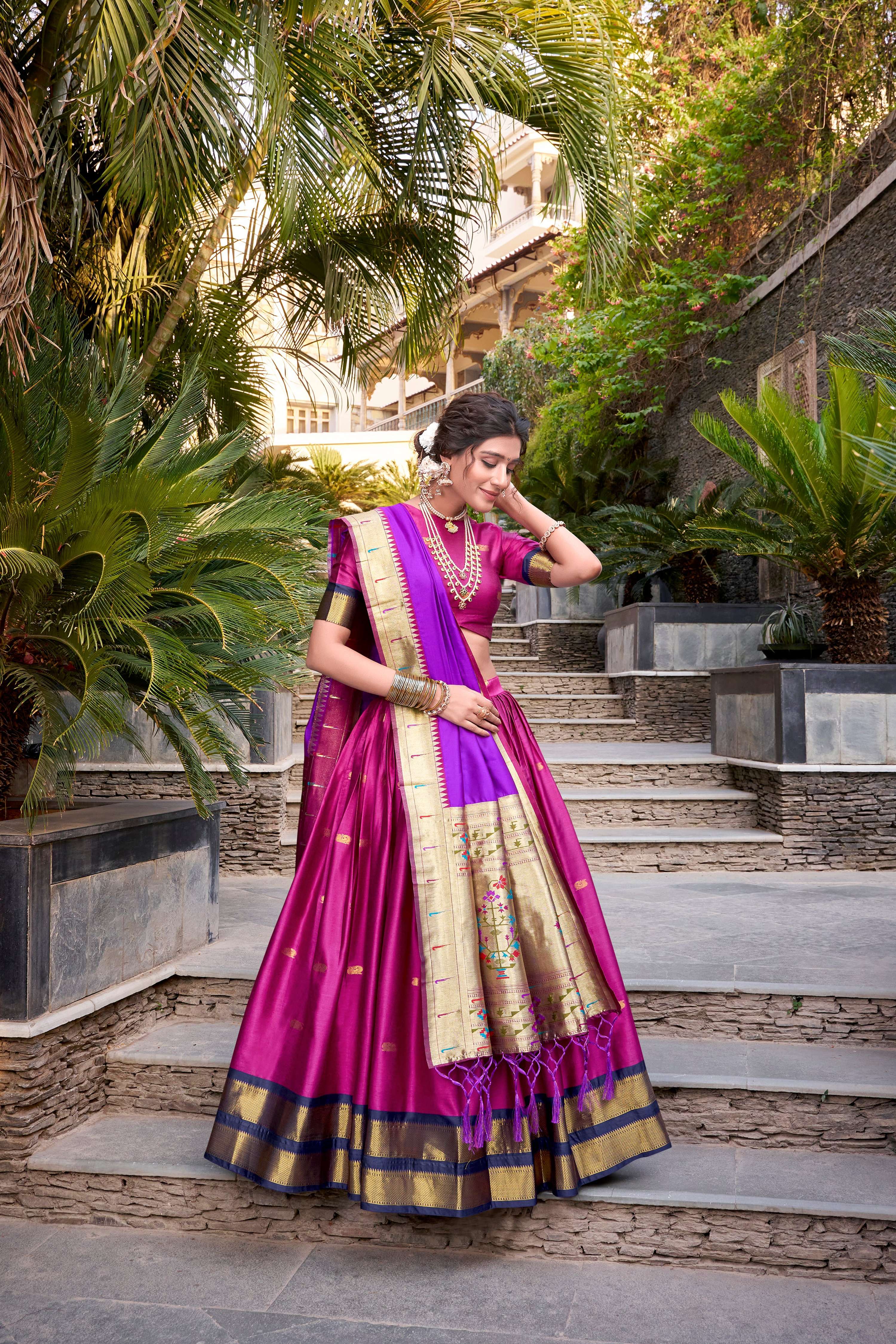 Lorenvalley Pink Jacquard Silk Paithani Zari Weaving Work Lehenga Choli with Dupatta - Distacart
