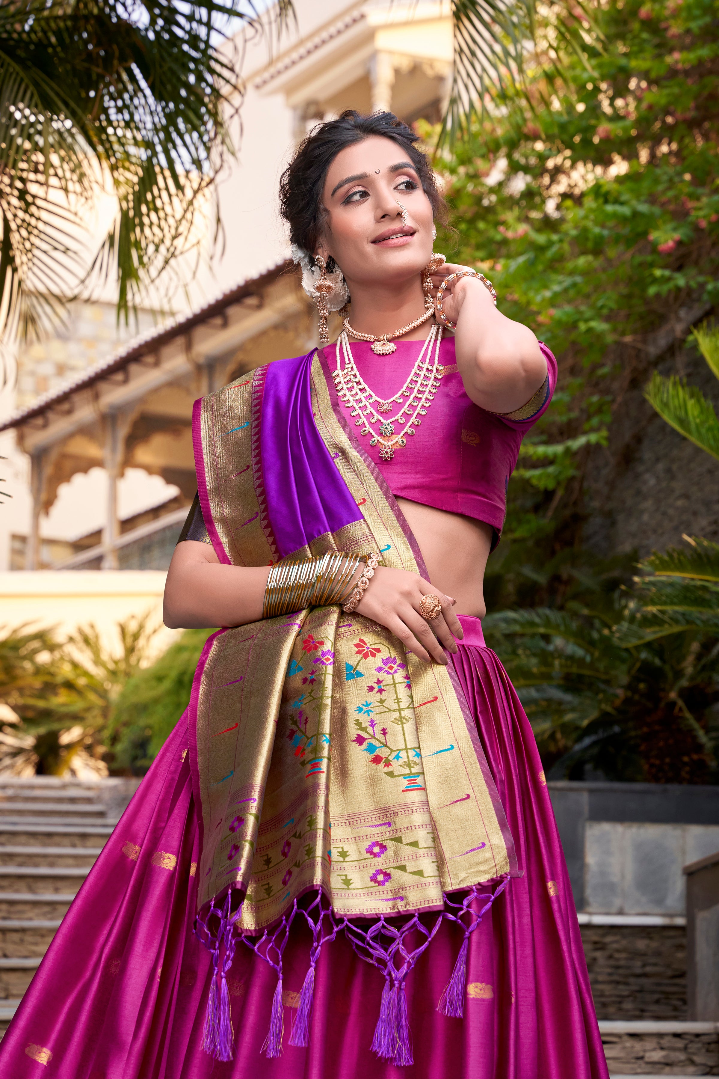 Lorenvalley Pink Jacquard Silk Paithani Zari Weaving Work Lehenga Choli with Dupatta