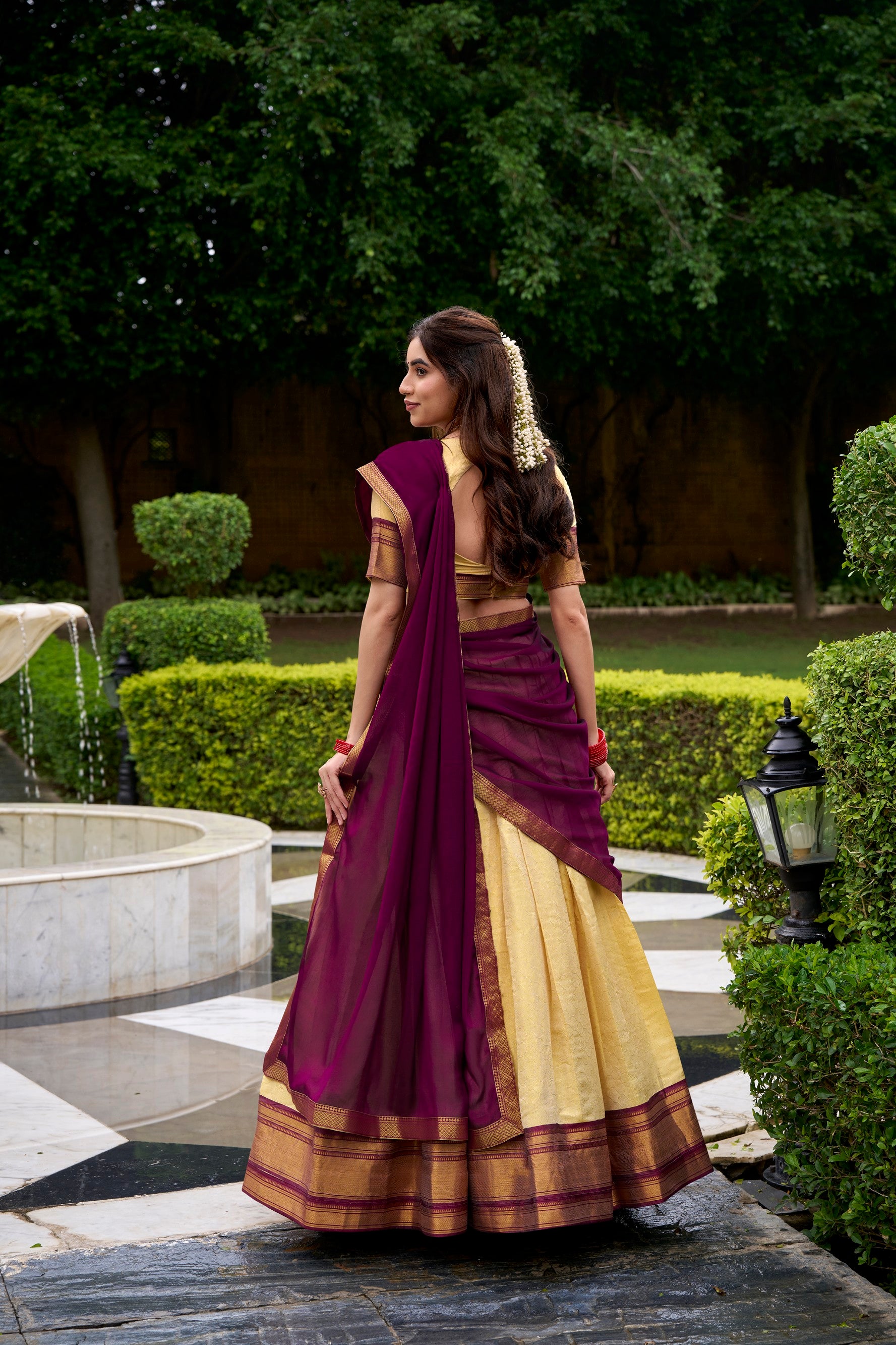 Lorenvalley Fashion Cream Kanchipuram Zari Weaving Work Lehenga Choli with Dupatta