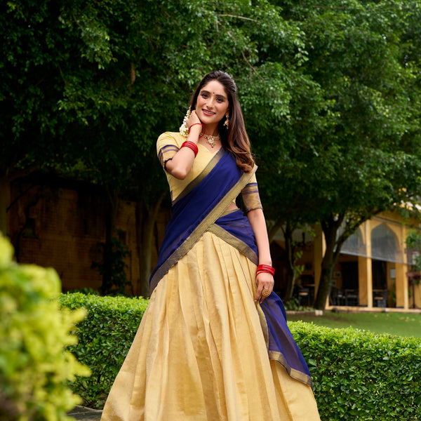 Lorenvalley Fashion Cream Kanchipuram Zari Weaving Work Lehenga Choli with Dupatta - Distacart