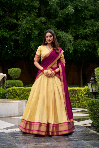 Lorenvalley Fashion Cream Kanchipuram Zari Weaving Work Lehenga Choli with Dupatta