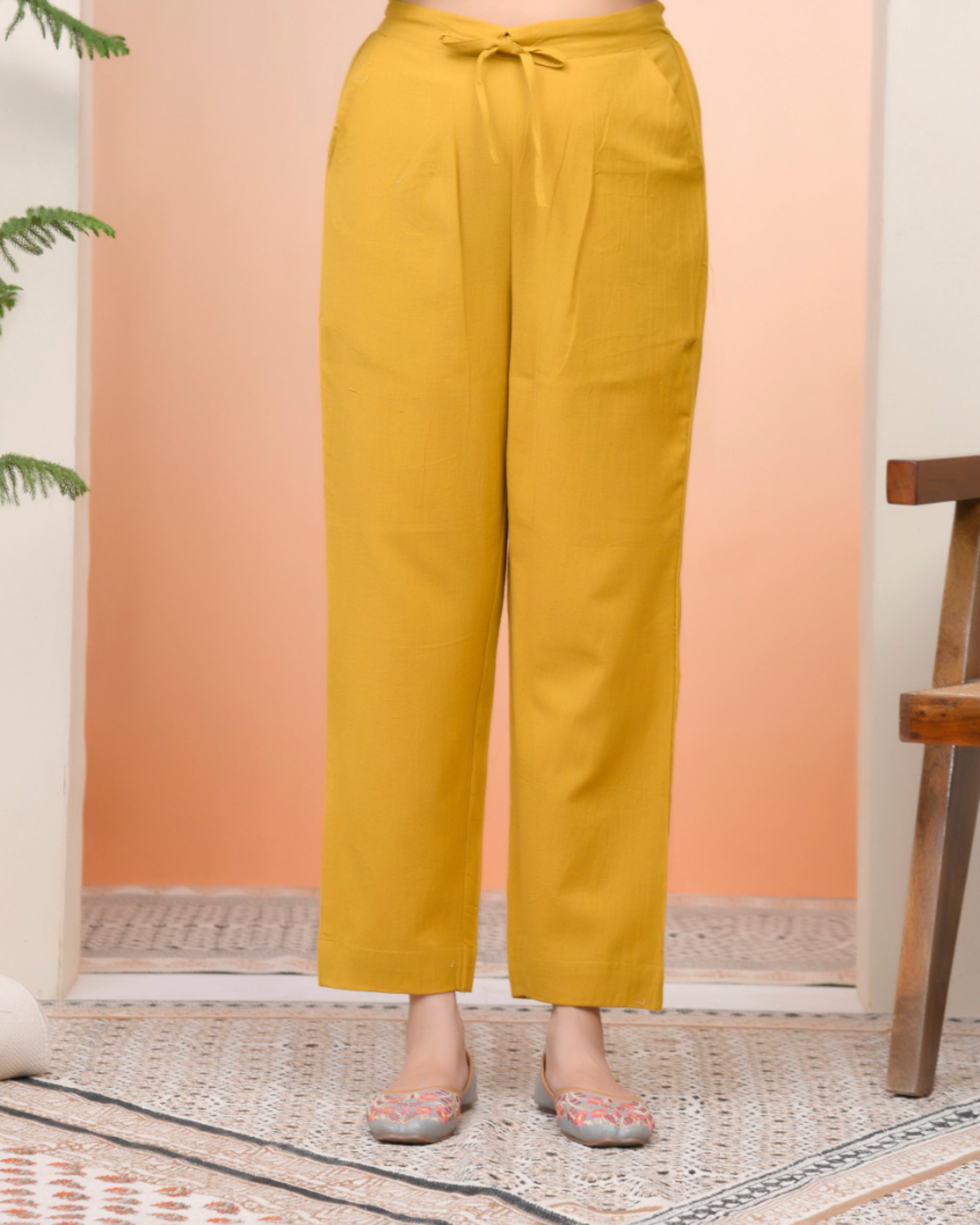 Vaasva Women Mustard Cotton Flax Solid Straight Pants