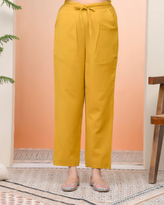 Vaasva Women Mustard Cotton Flax Solid Straight Pants