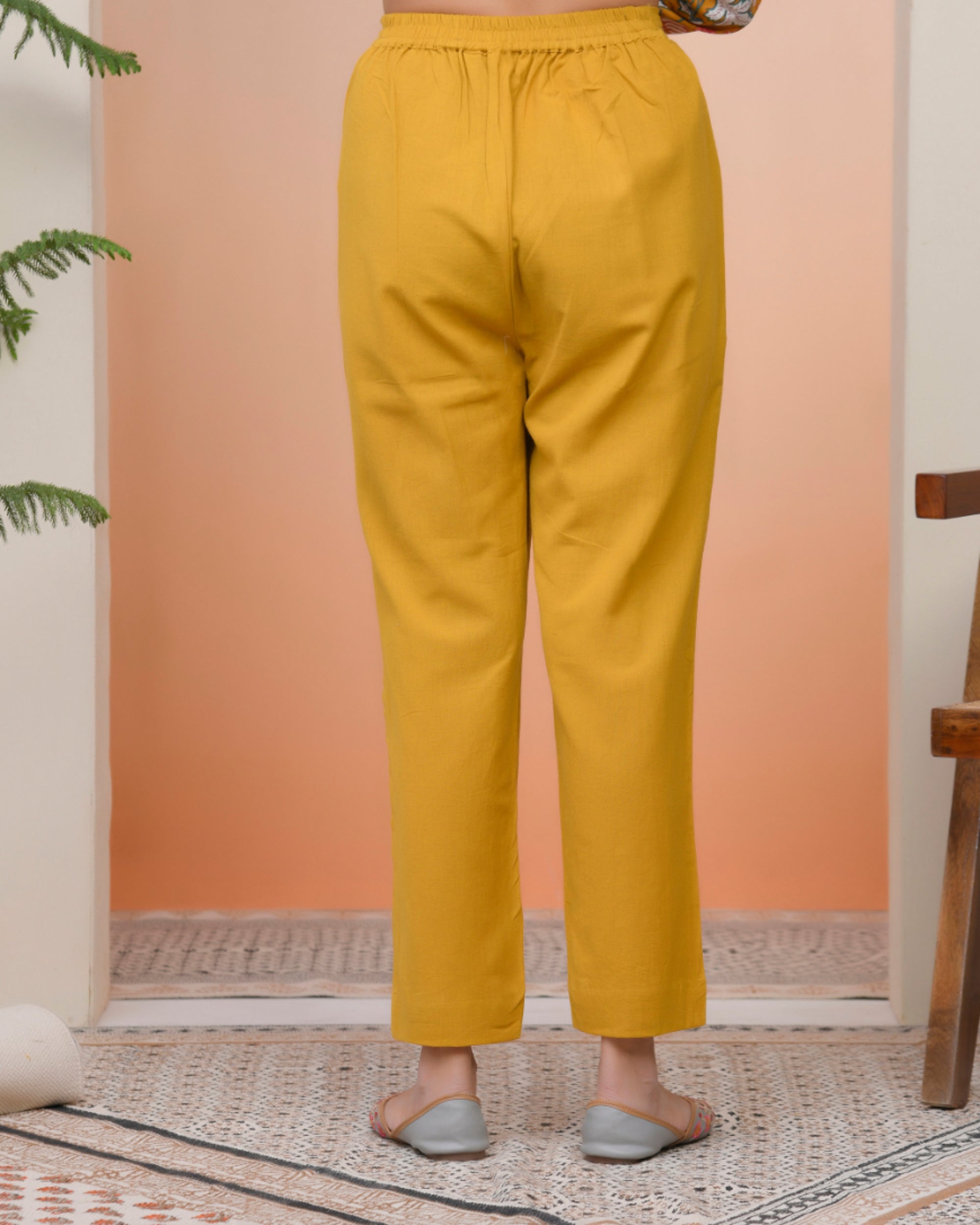 Vaasva Women Mustard Cotton Flax Solid Straight Pants