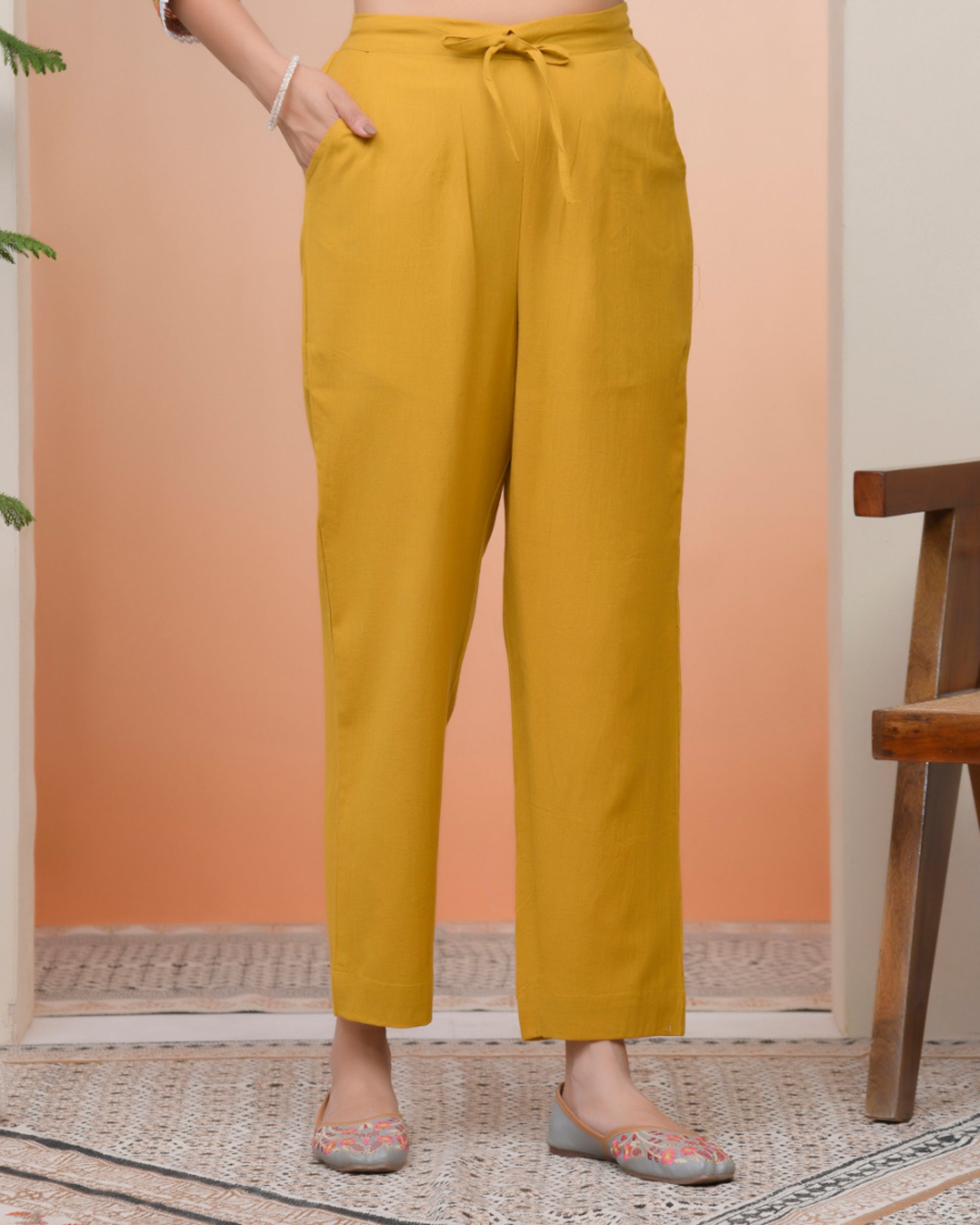 Vaasva Women Mustard Cotton Flax Solid Straight Pants