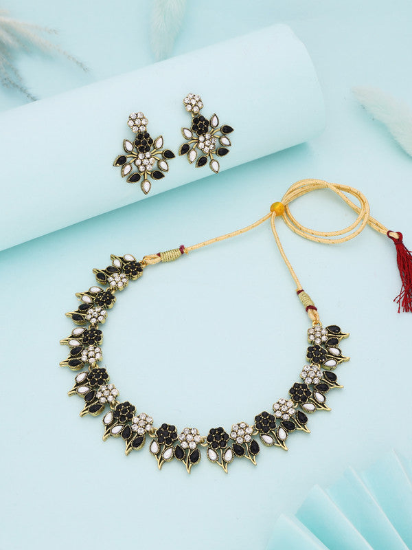 Tehzeeb Creations Black & White Gold Pleated Stone Studded Necklace With Earrings - Distacart